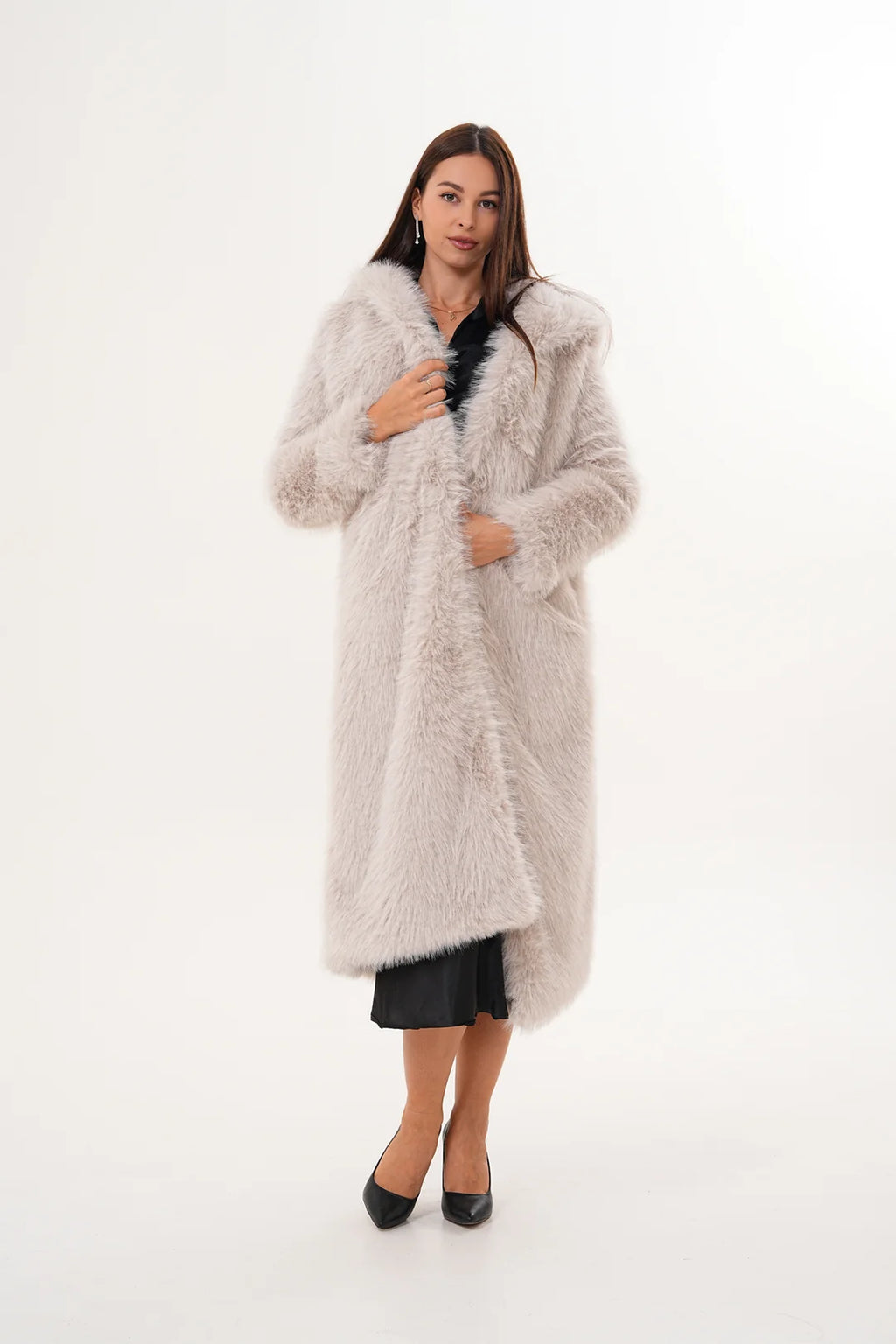 Hooded Faux Fur Coat – Beige