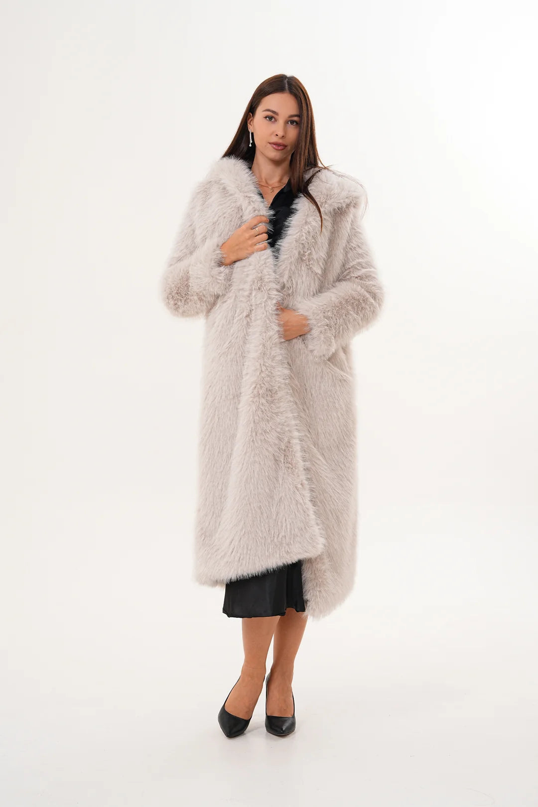 Hooded Faux Fur Coat – Beige
