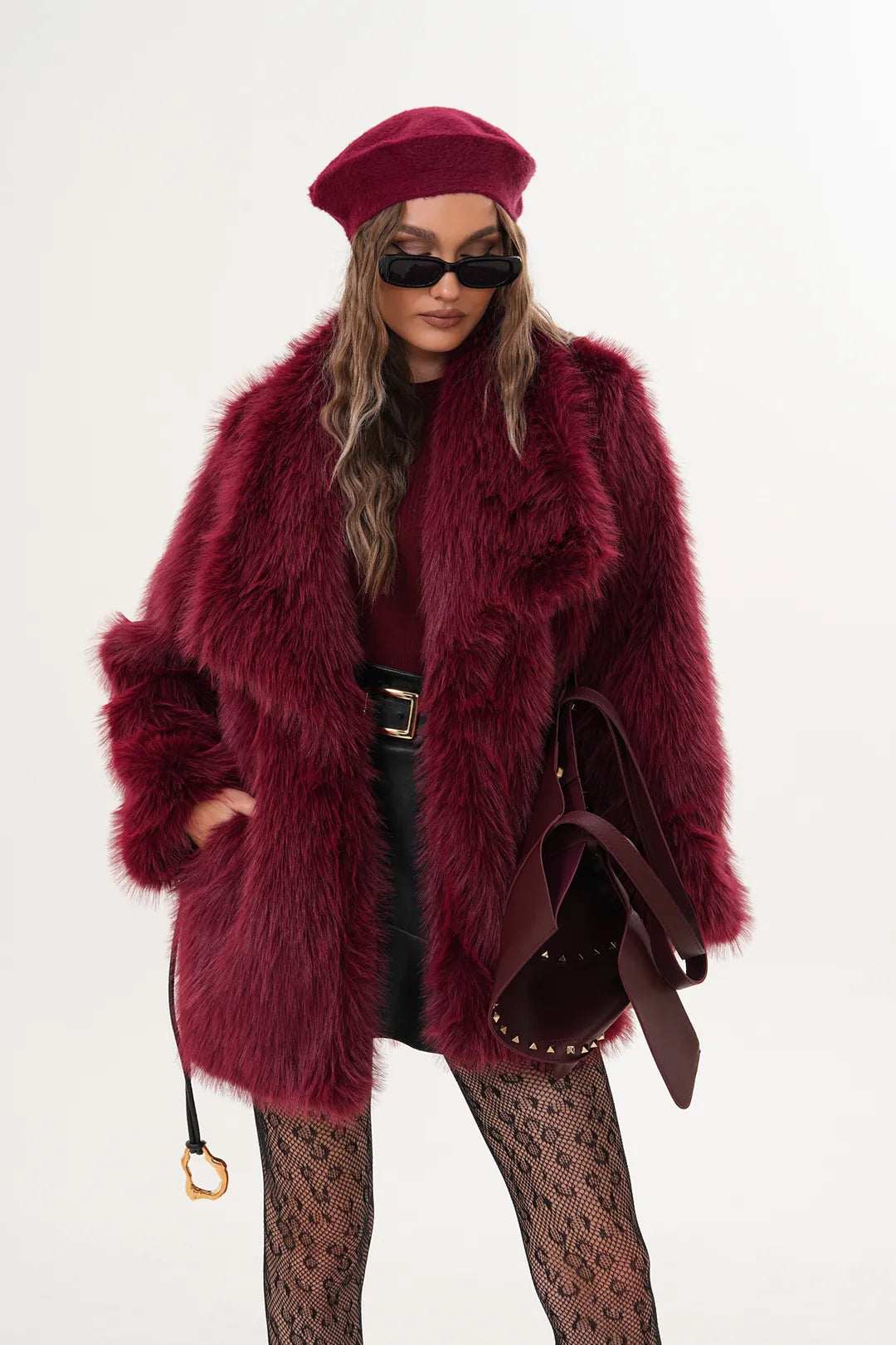 Burgundy Belted Wide Collar Midi Faux Fur Coat