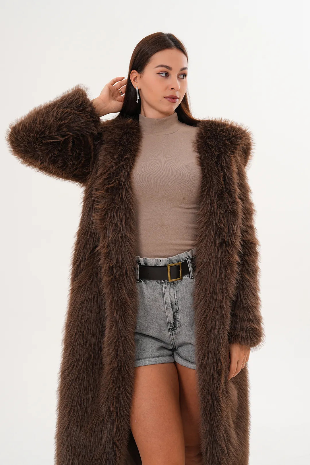 Hooded Faux Fur Coat – Brown