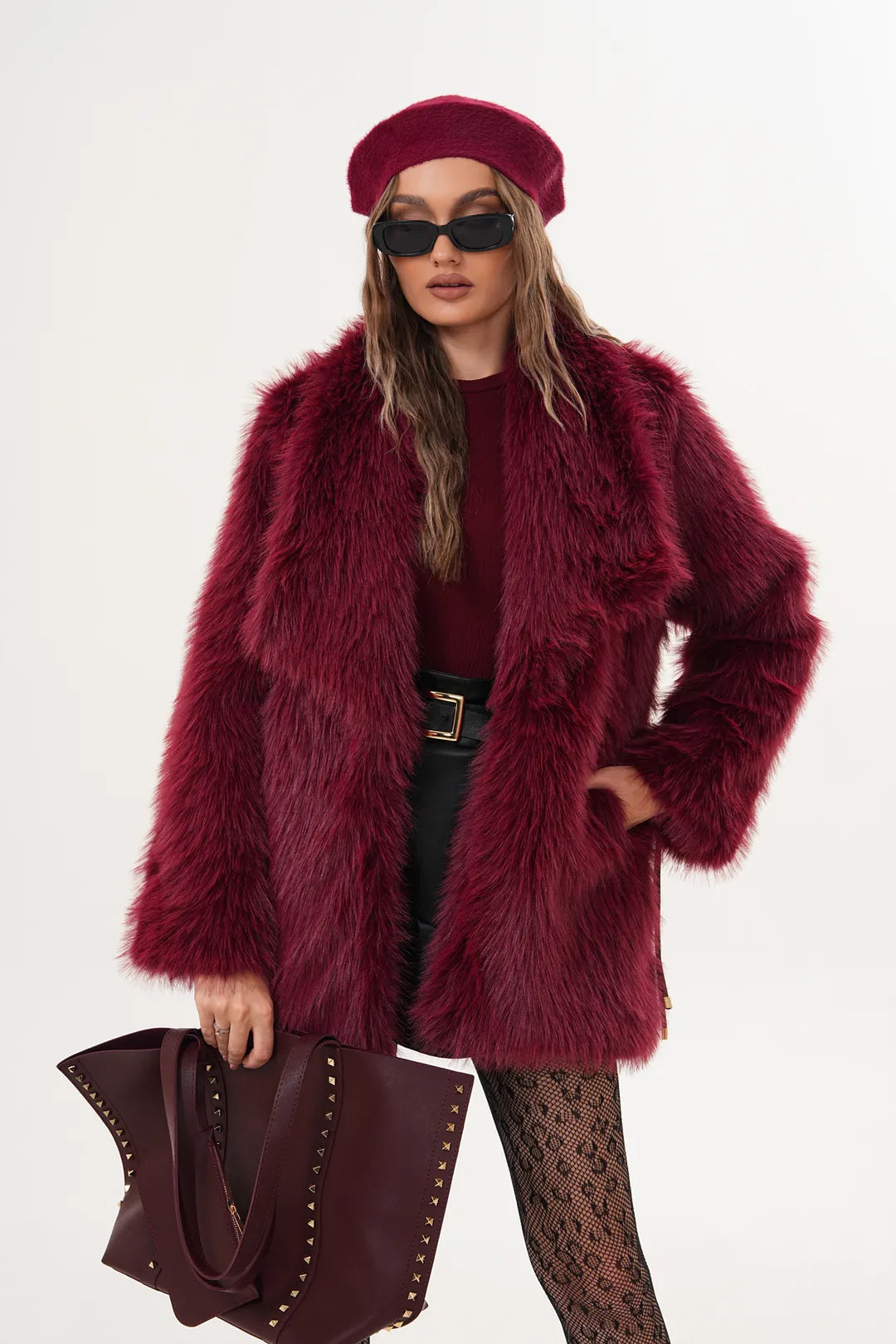 Burgundy Belted Wide Collar Midi Faux Fur Coat