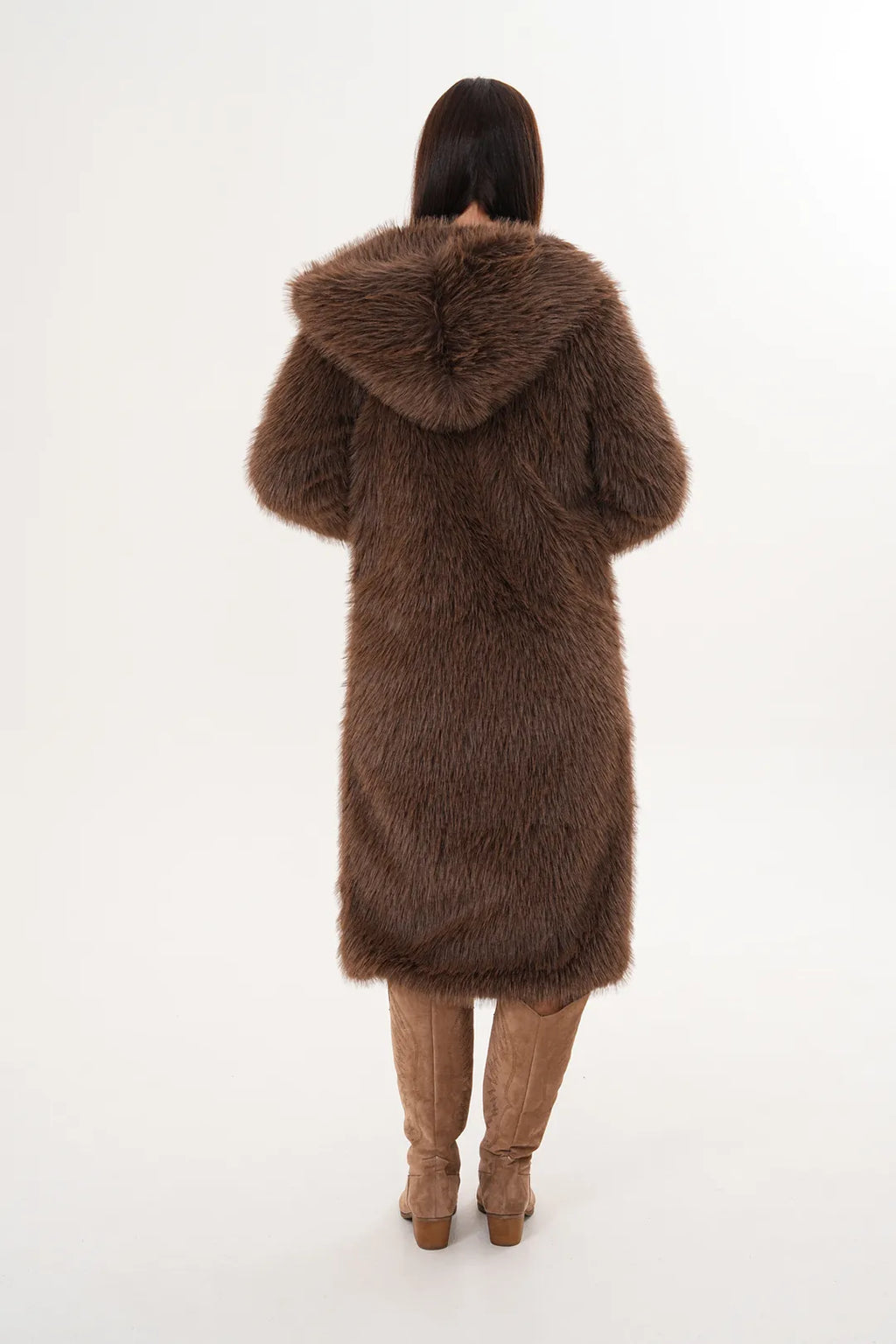 Hooded Faux Fur Coat – Brown