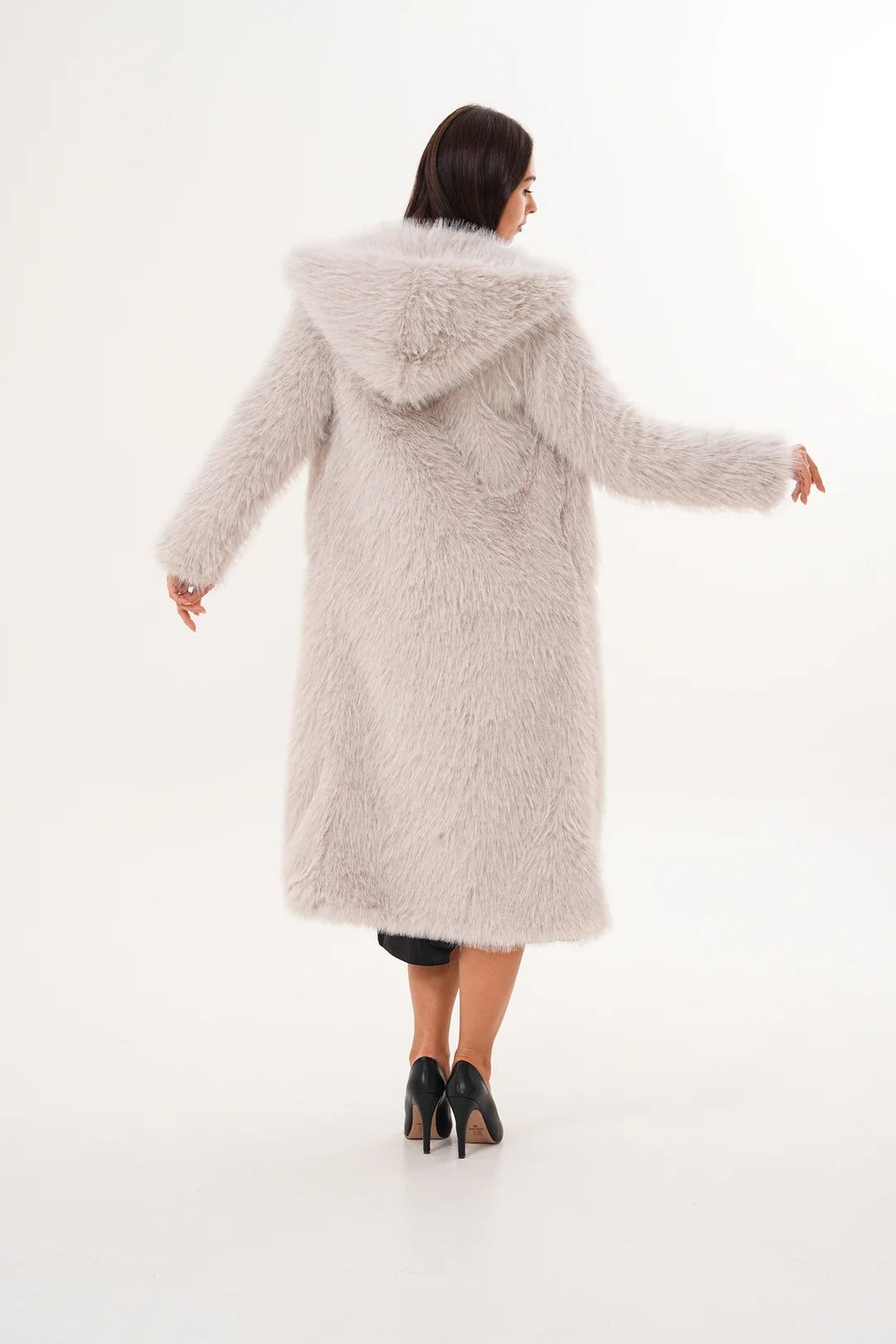 Hooded Faux Fur Coat – Beige