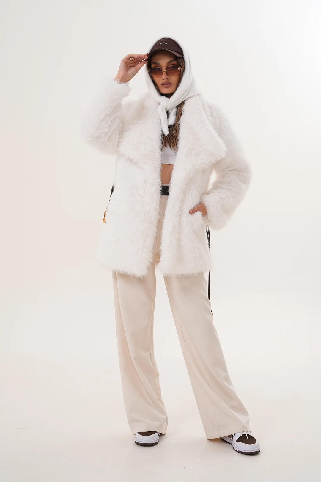White Belted Wide Collar Midi Faux Fur Coat
