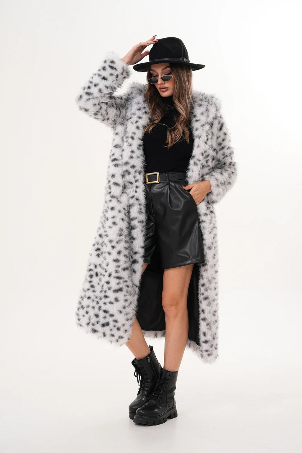 Hooded Faux Fur Coat – Off-White with Black Spots