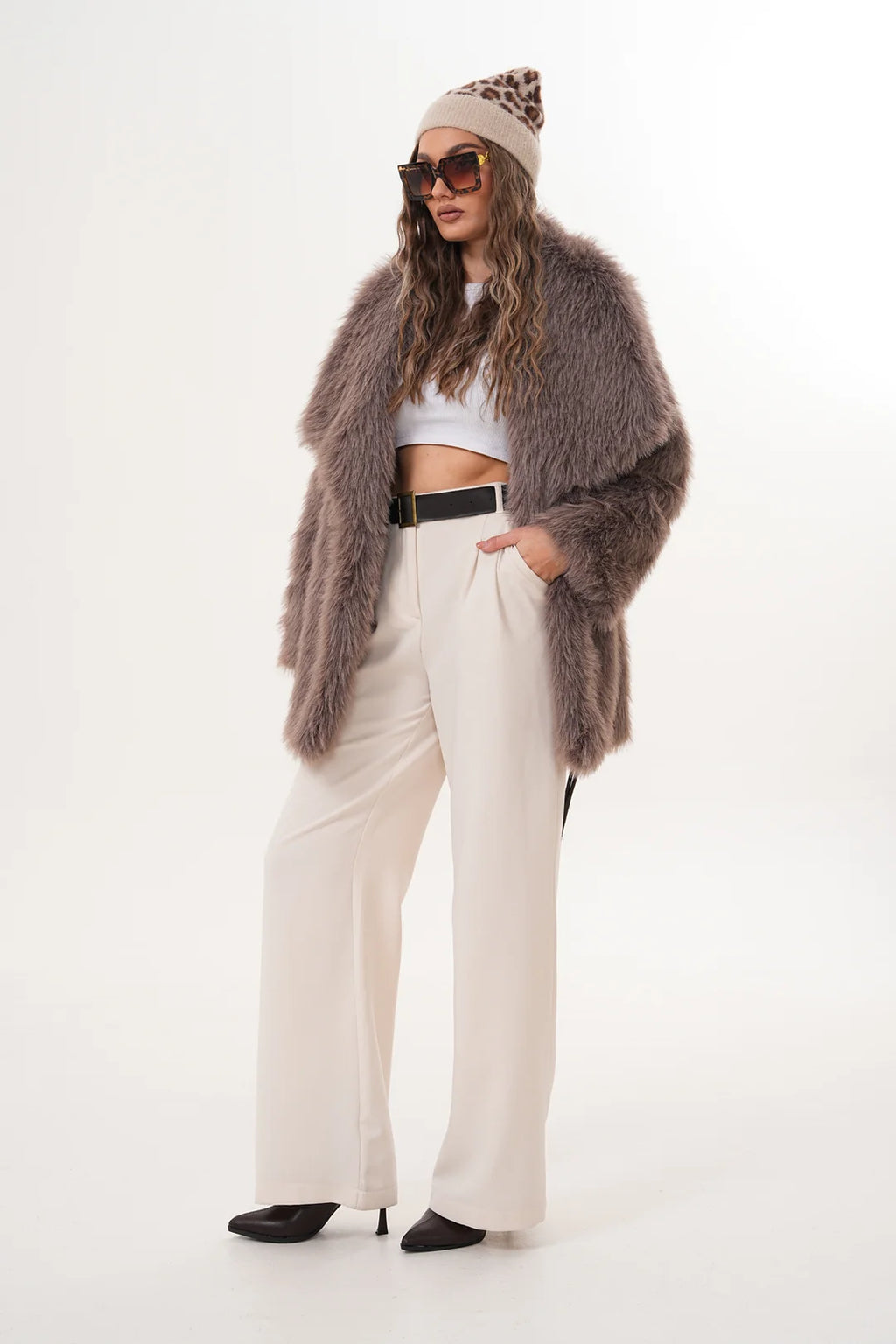 Beige Mink-Tone Belted Wide Collar Midi Faux Fur Coat
