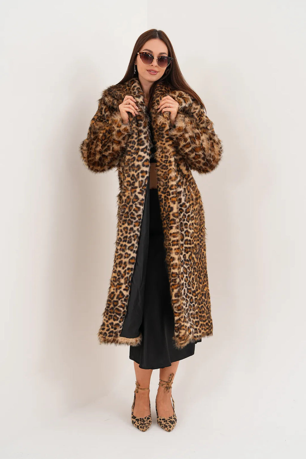 Full-Length Shawl Collar Leopard Faux Fur Coat