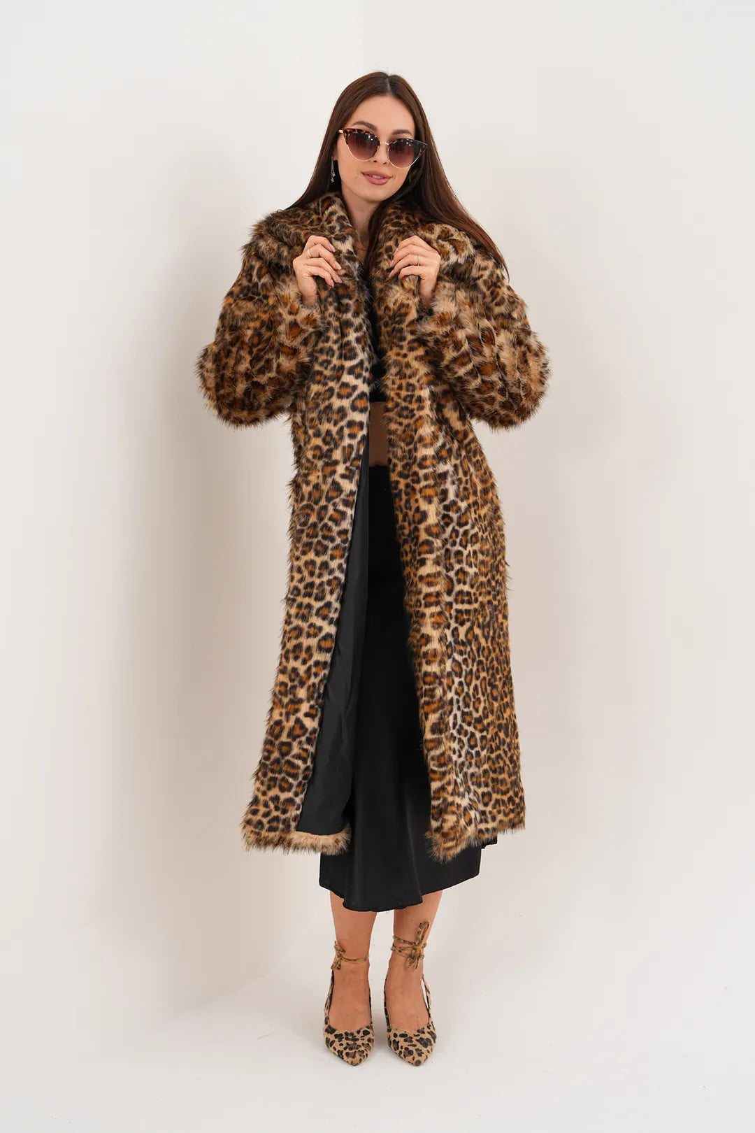 Full-Length Shawl Collar Leopard Faux Fur Coat
