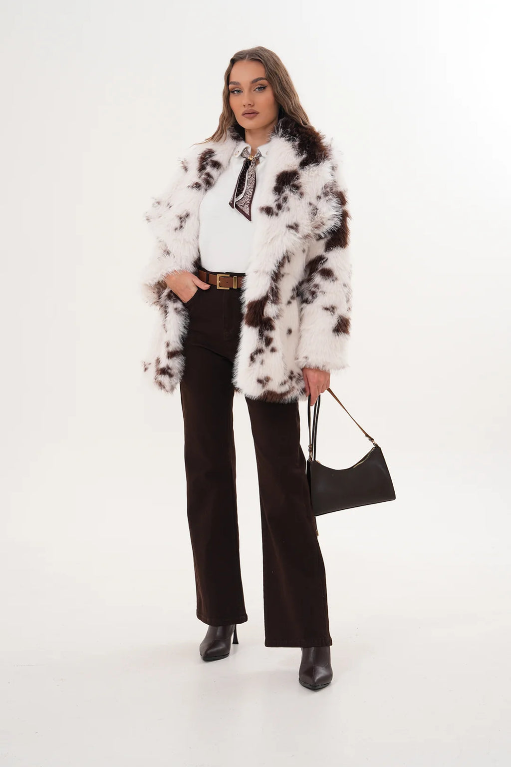 Belted Brown White Wide Collar Midi  Faux Fur Coat