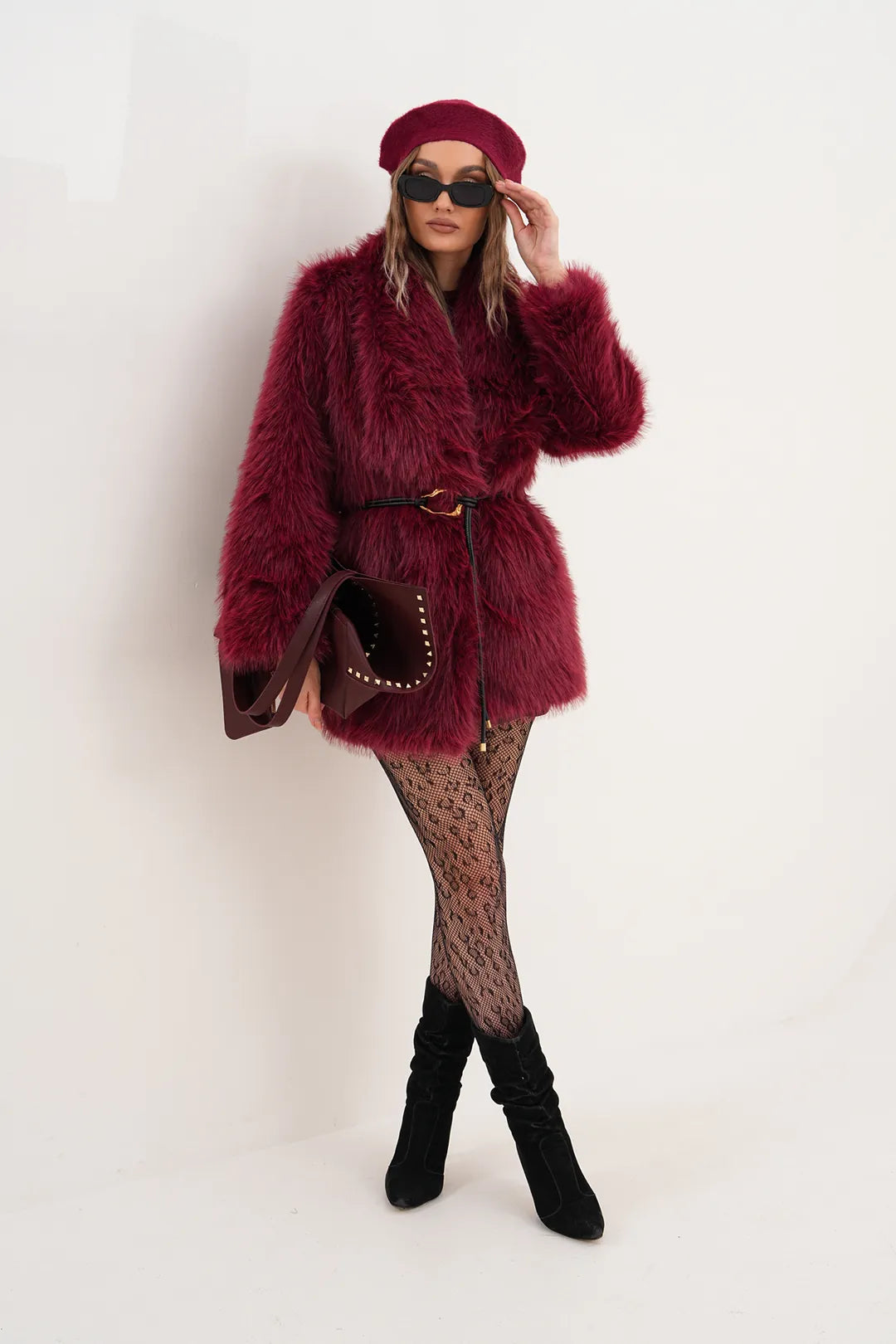 Burgundy Belted Wide Collar Midi Faux Fur Coat
