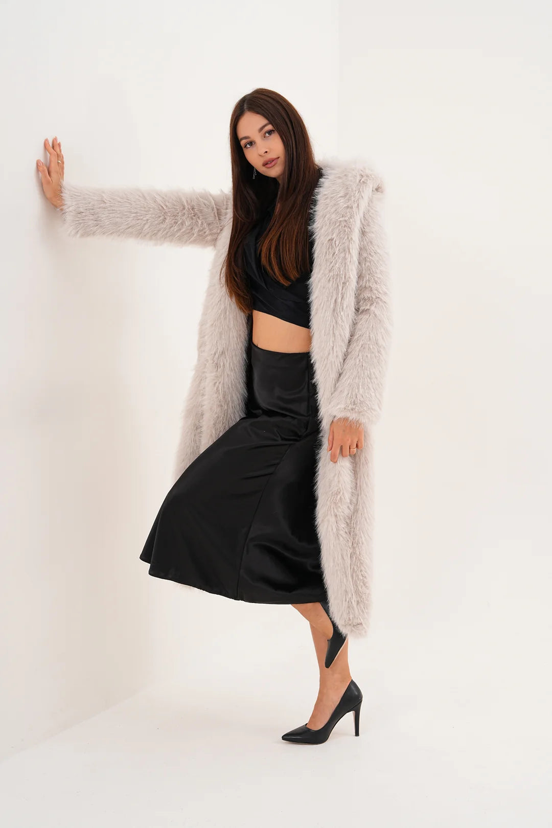 Hooded Faux Fur Coat – Beige