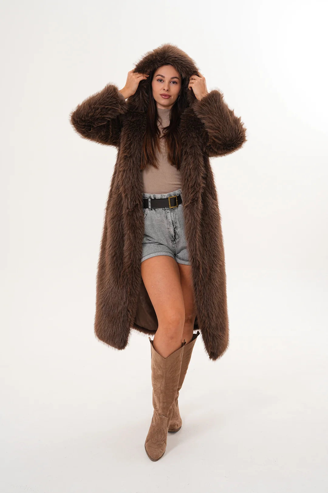 Hooded Faux Fur Coat – Brown