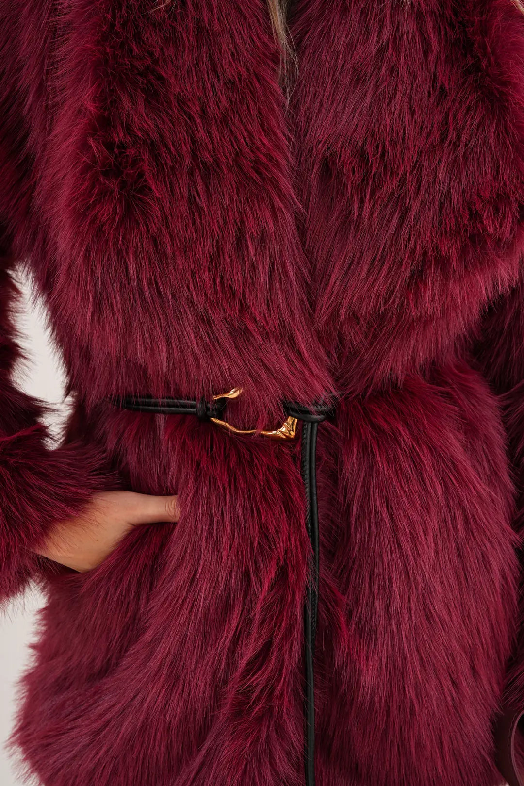 Burgundy Belted Wide Collar Midi Faux Fur Coat