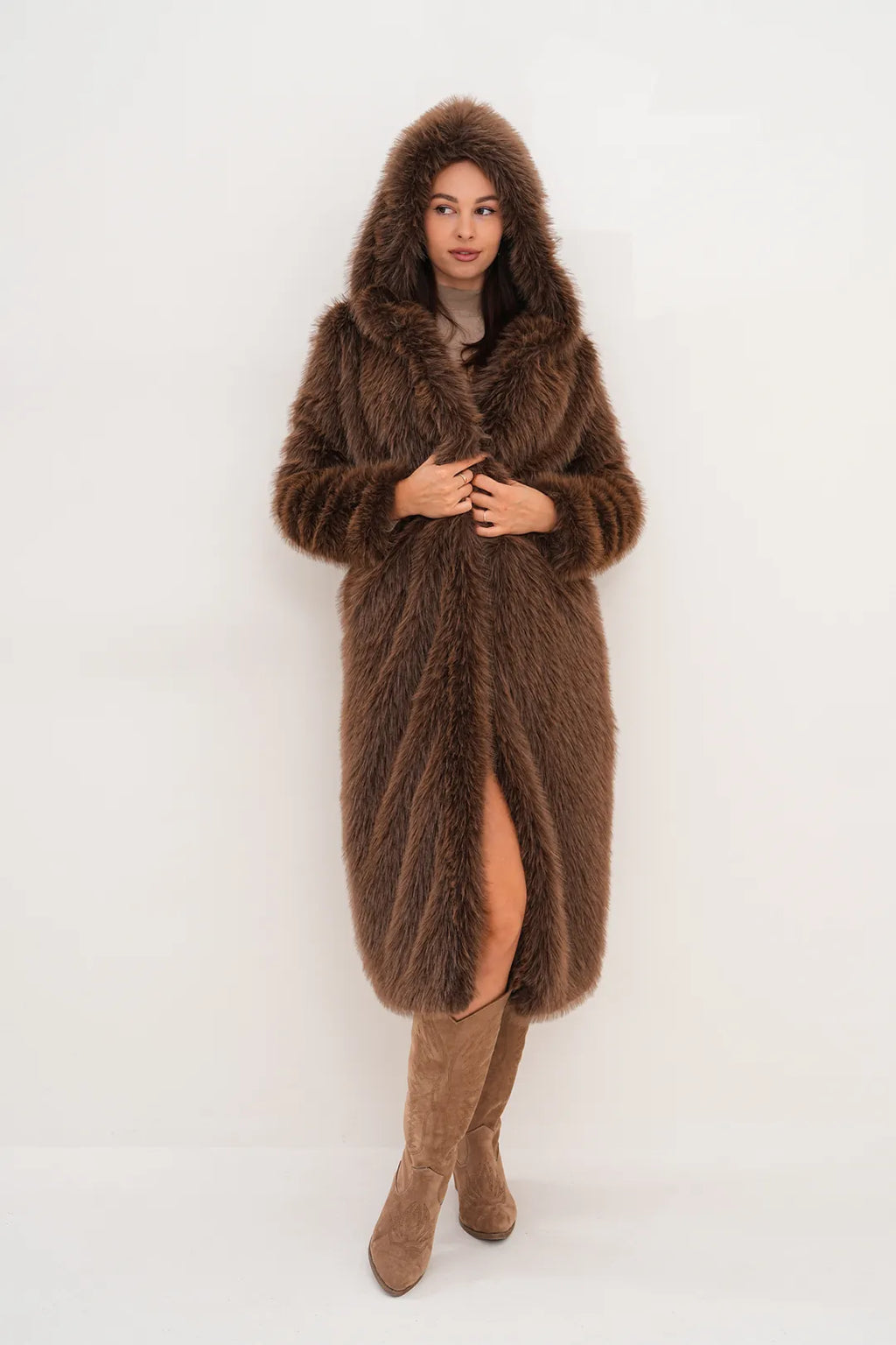 Hooded Faux Fur Coat – Brown