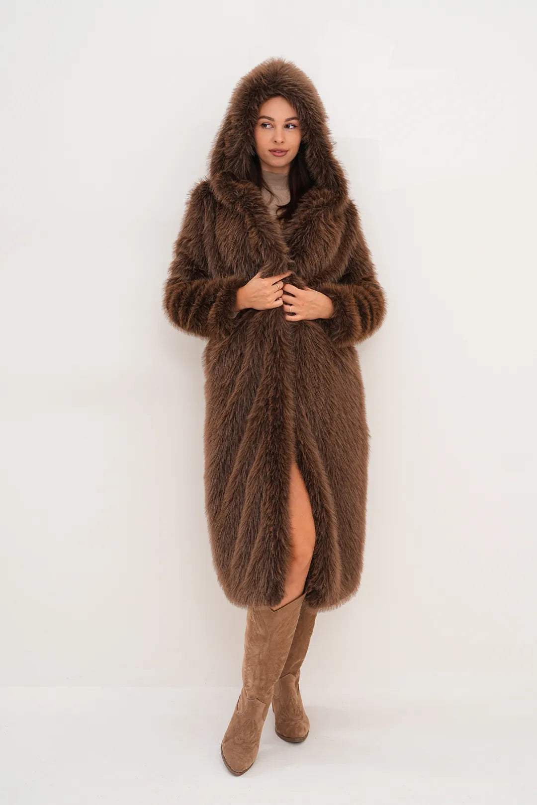 Hooded Faux Fur Coat – Brown