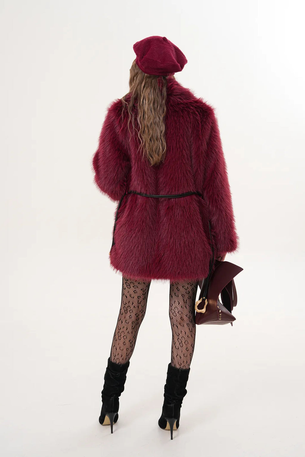 Burgundy Belted Wide Collar Midi Faux Fur Coat