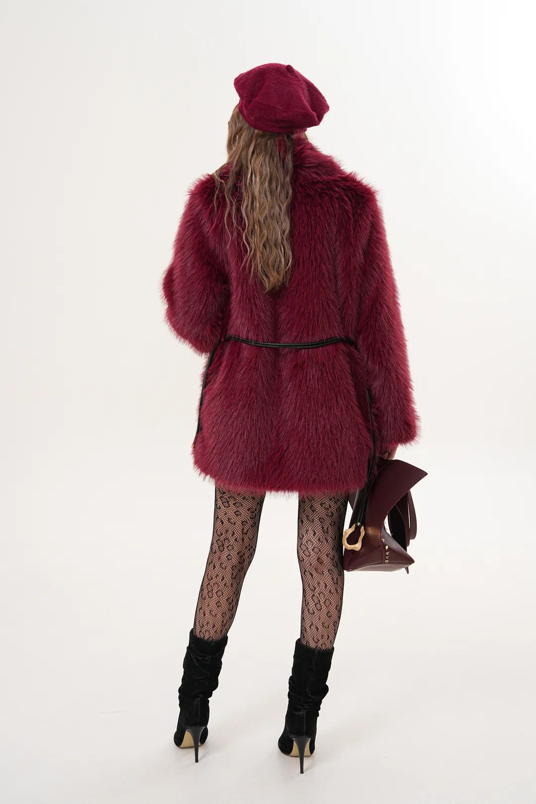 Burgundy Belted Wide Collar Midi Faux Fur Coat