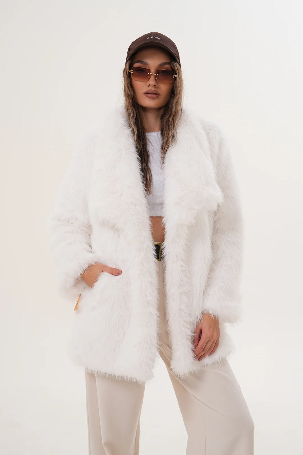 White Belted Wide Collar Midi Faux Fur Coat