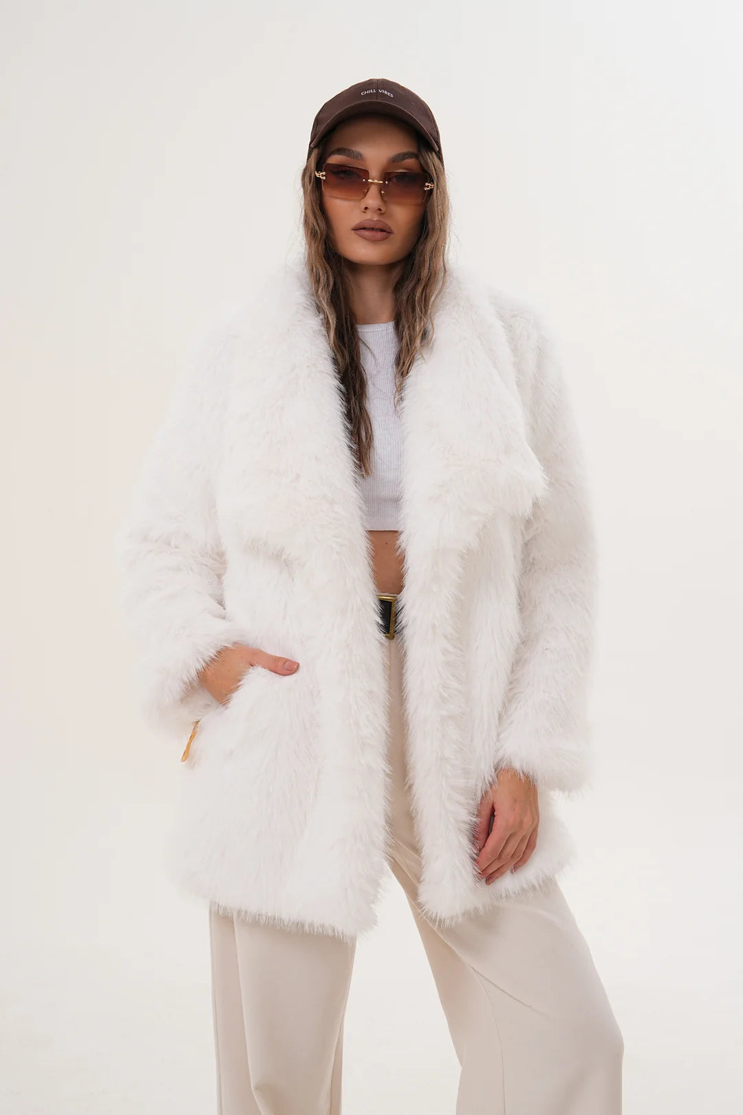 White Belted Wide Collar Midi Faux Fur Coat
