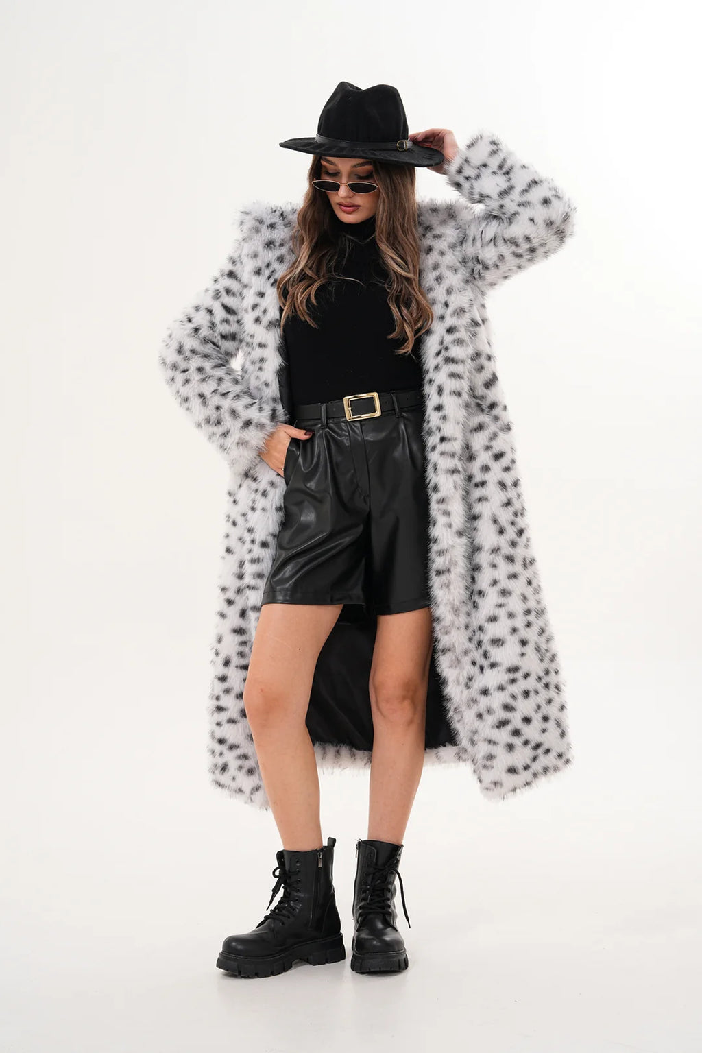Hooded Faux Fur Coat – Off-White with Black Spots