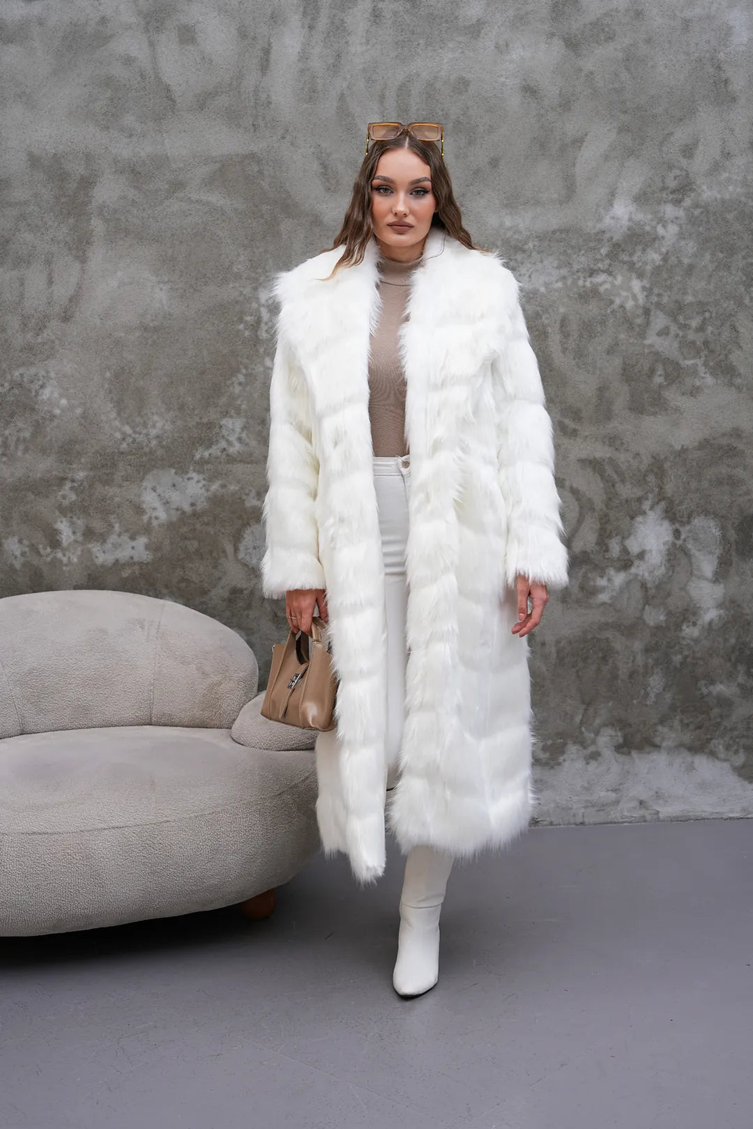 Carla Full-Length Long Hair Faux Fur Coat – White | Luxury Winter Statement Coat