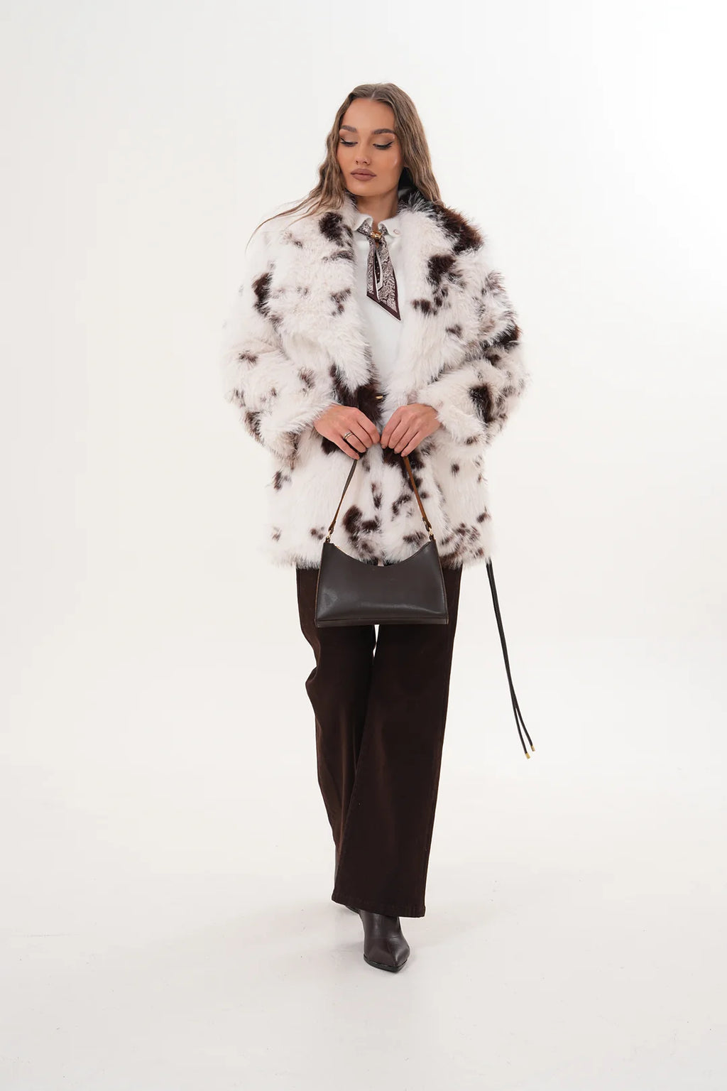 Belted Brown White Wide Collar Midi  Faux Fur Coat