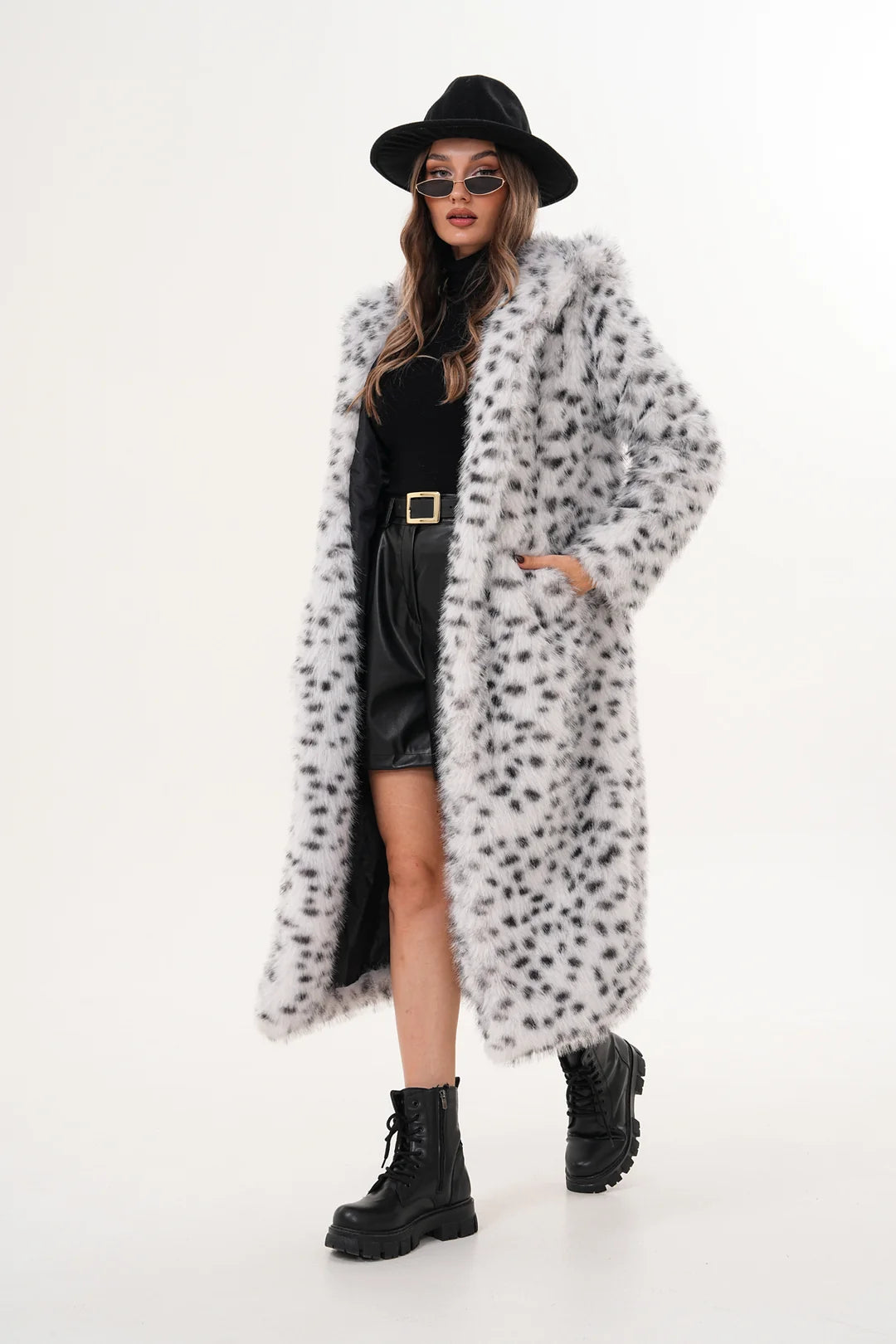 Hooded Faux Fur Coat – Off-White with Black Spots
