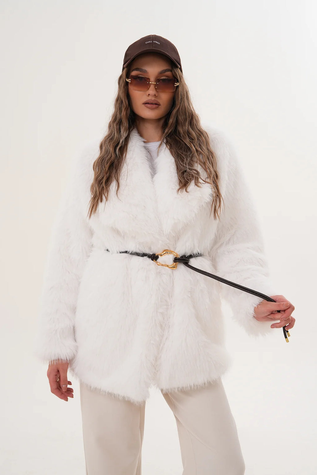 White Belted Wide Collar Midi Faux Fur Coat