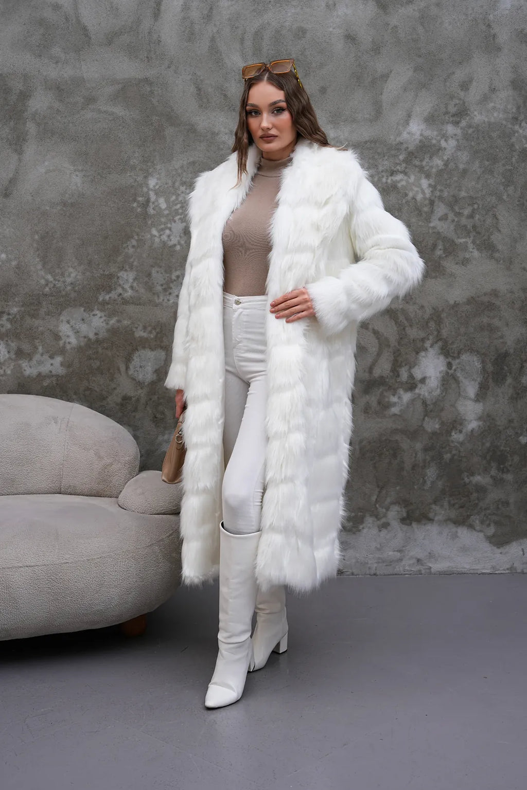 Carla Full-Length Long Hair Faux Fur Coat – White | Luxury Winter Statement Coat
