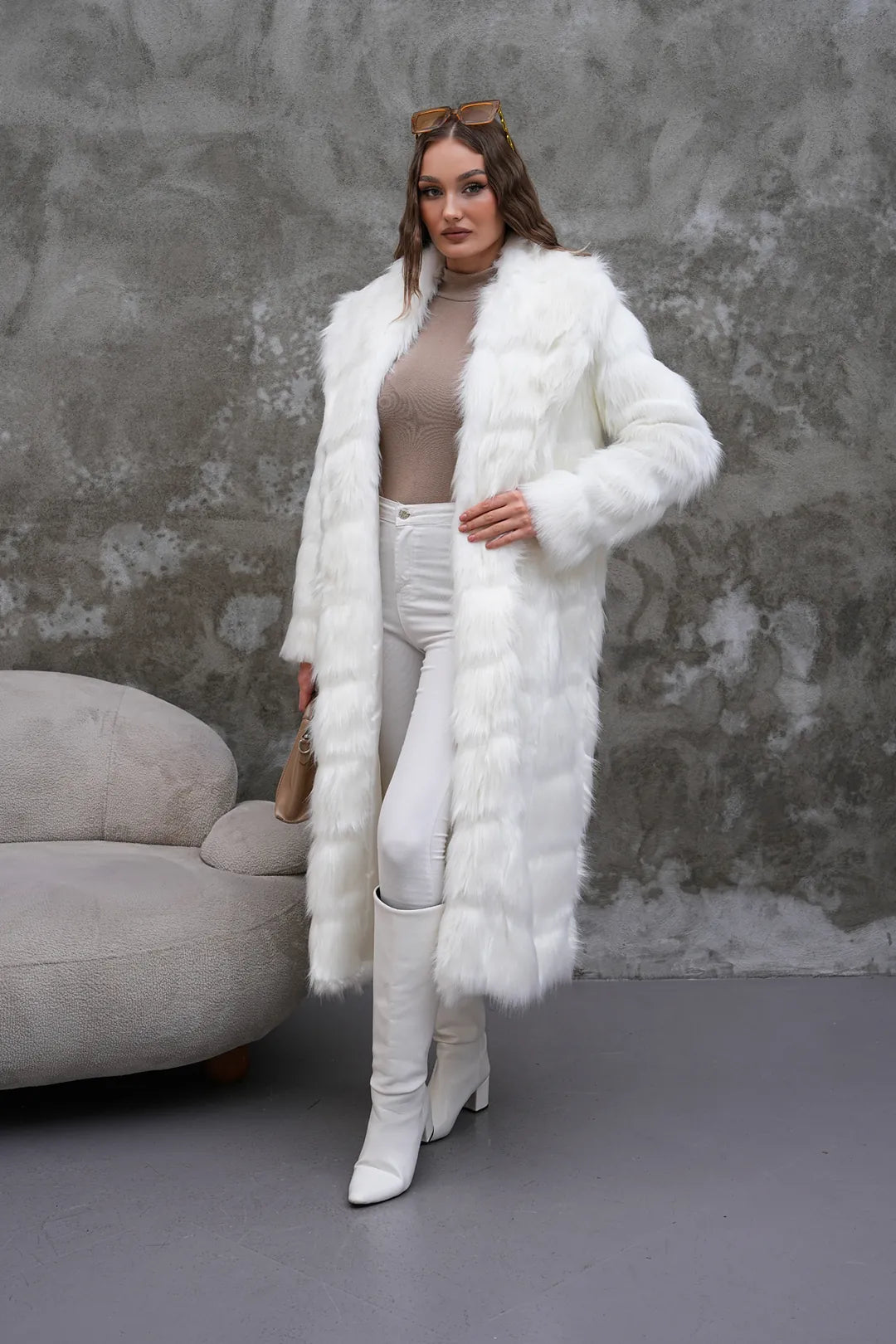 Carla Full-Length Long Hair Faux Fur Coat – White | Luxury Winter Statement Coat
