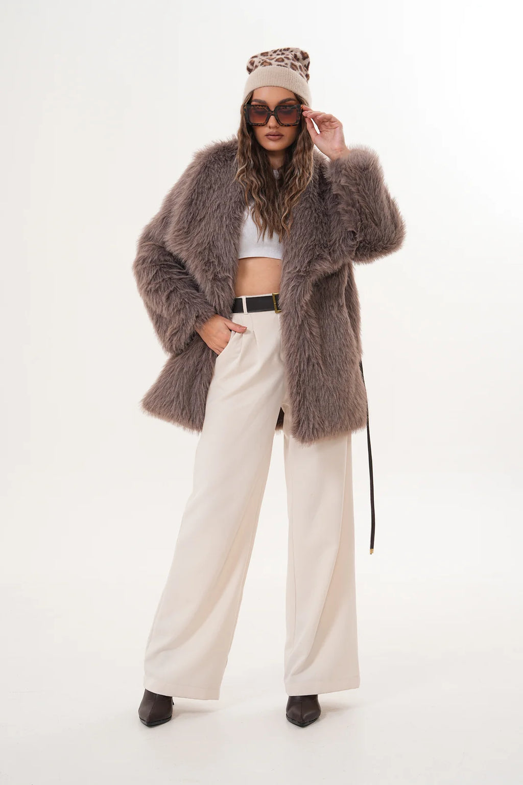 Beige Mink-Tone Belted Wide Collar Midi Faux Fur Coat