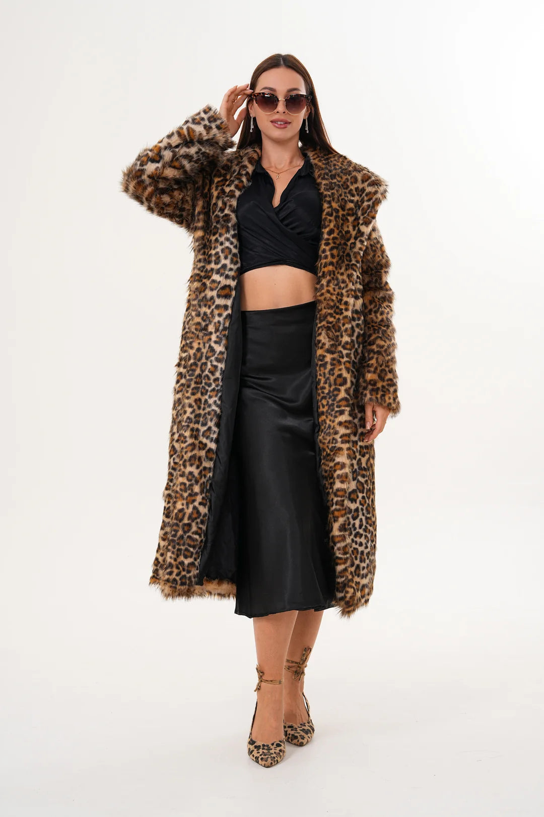 Full-Length Shawl Collar Leopard Faux Fur Coat