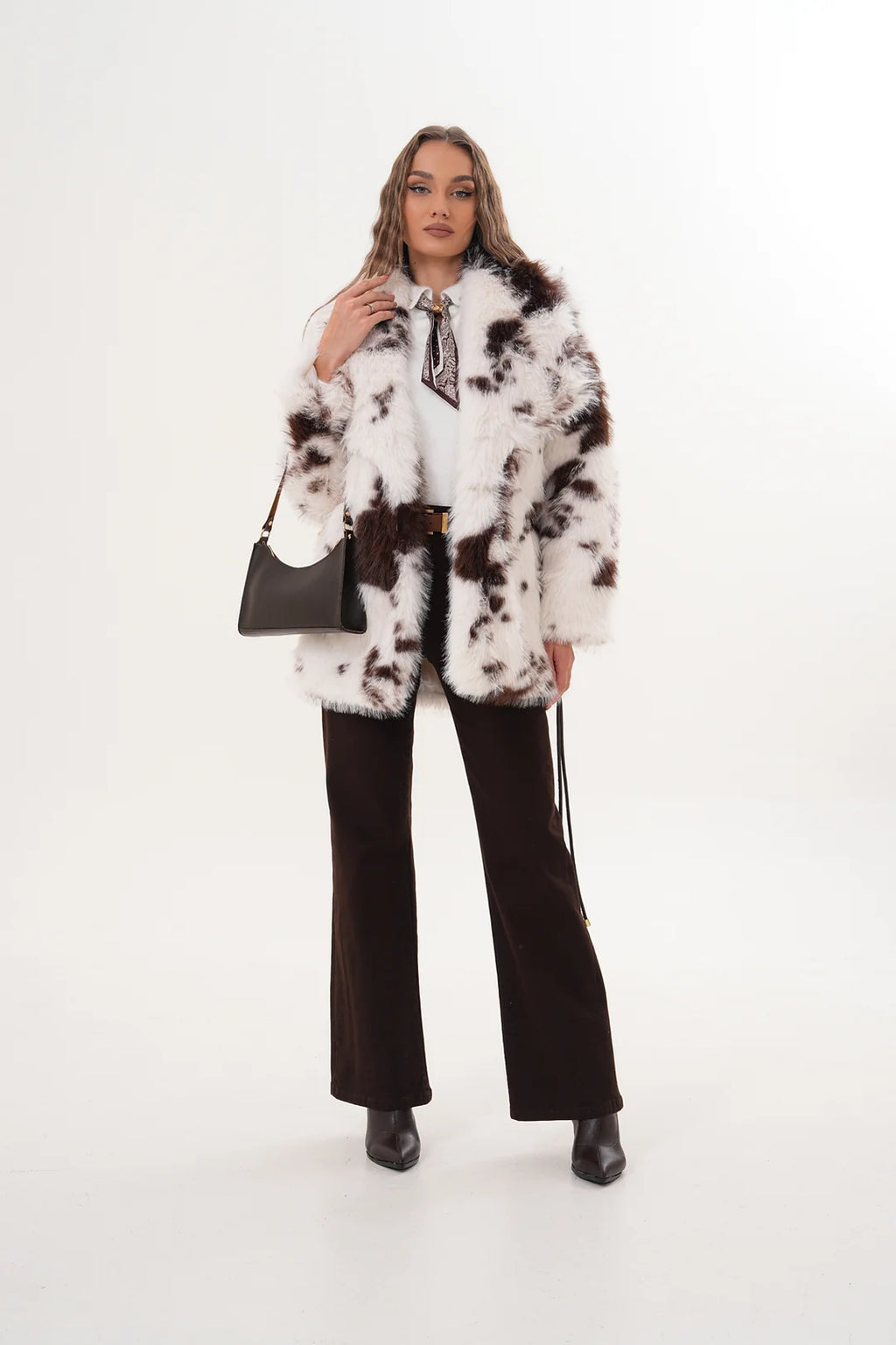 Belted Brown White Wide Collar Midi  Faux Fur Coat