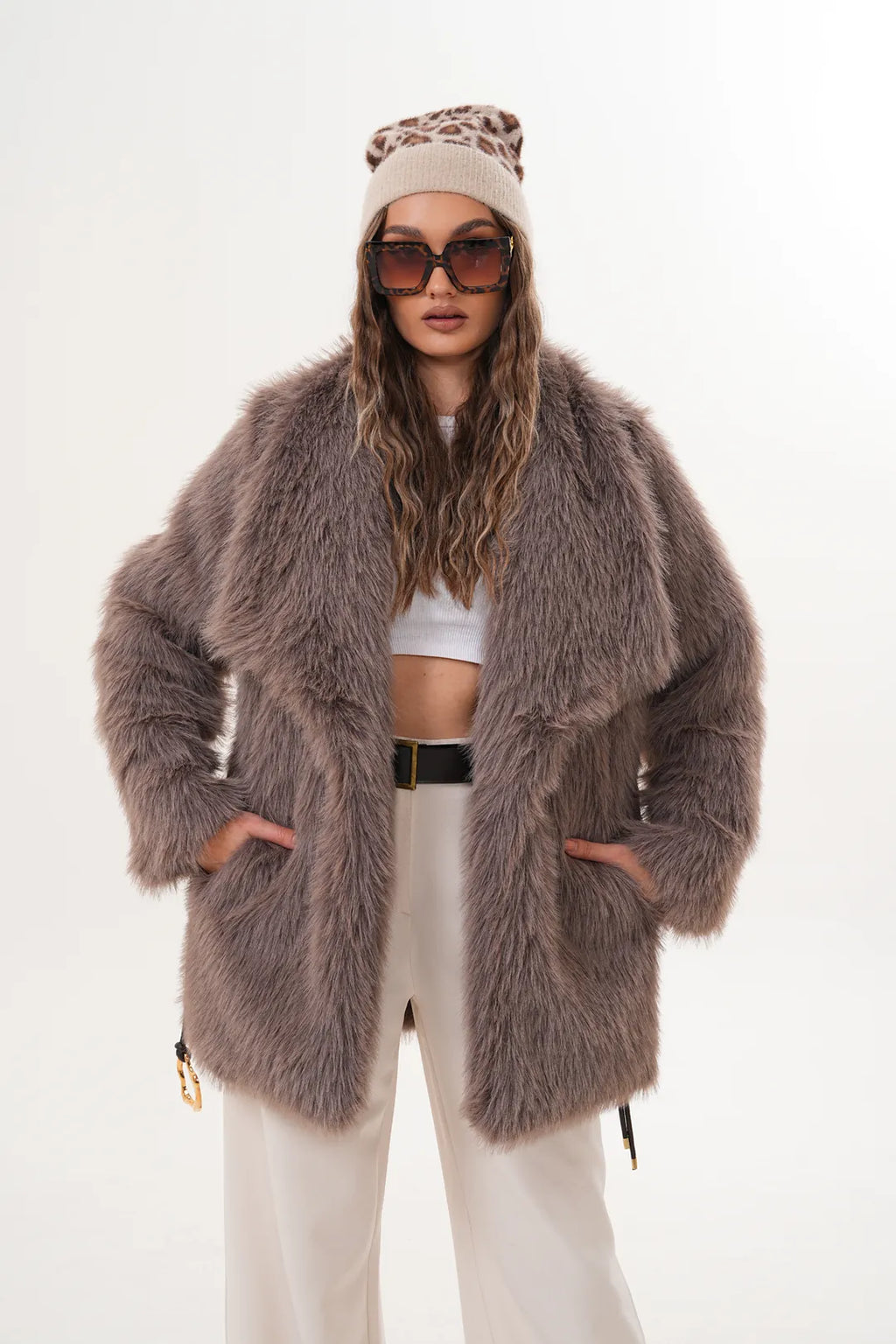 Beige Mink-Tone Belted Wide Collar Midi Faux Fur Coat