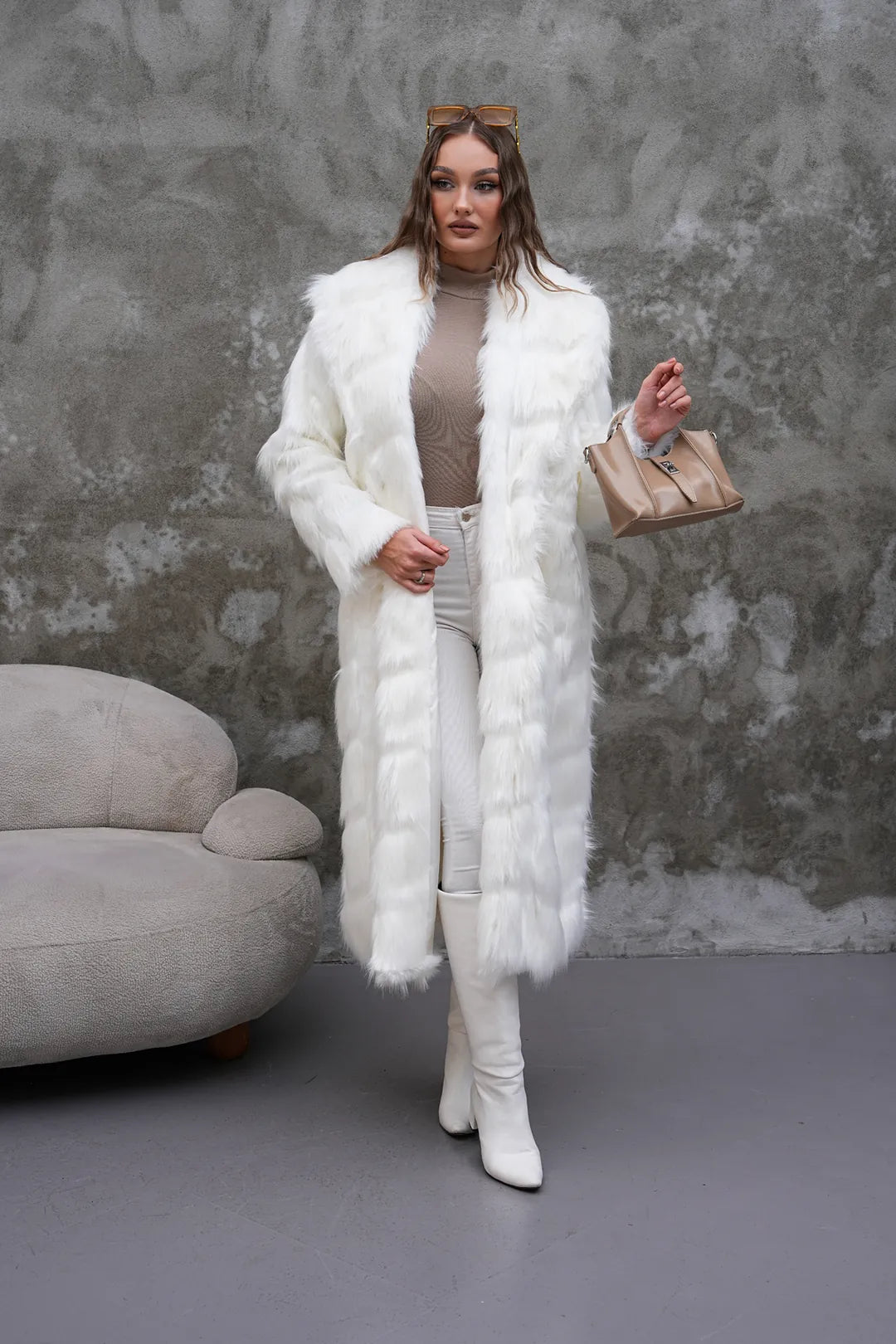 Carla Full-Length Long Hair Faux Fur Coat – White | Luxury Winter Statement Coat