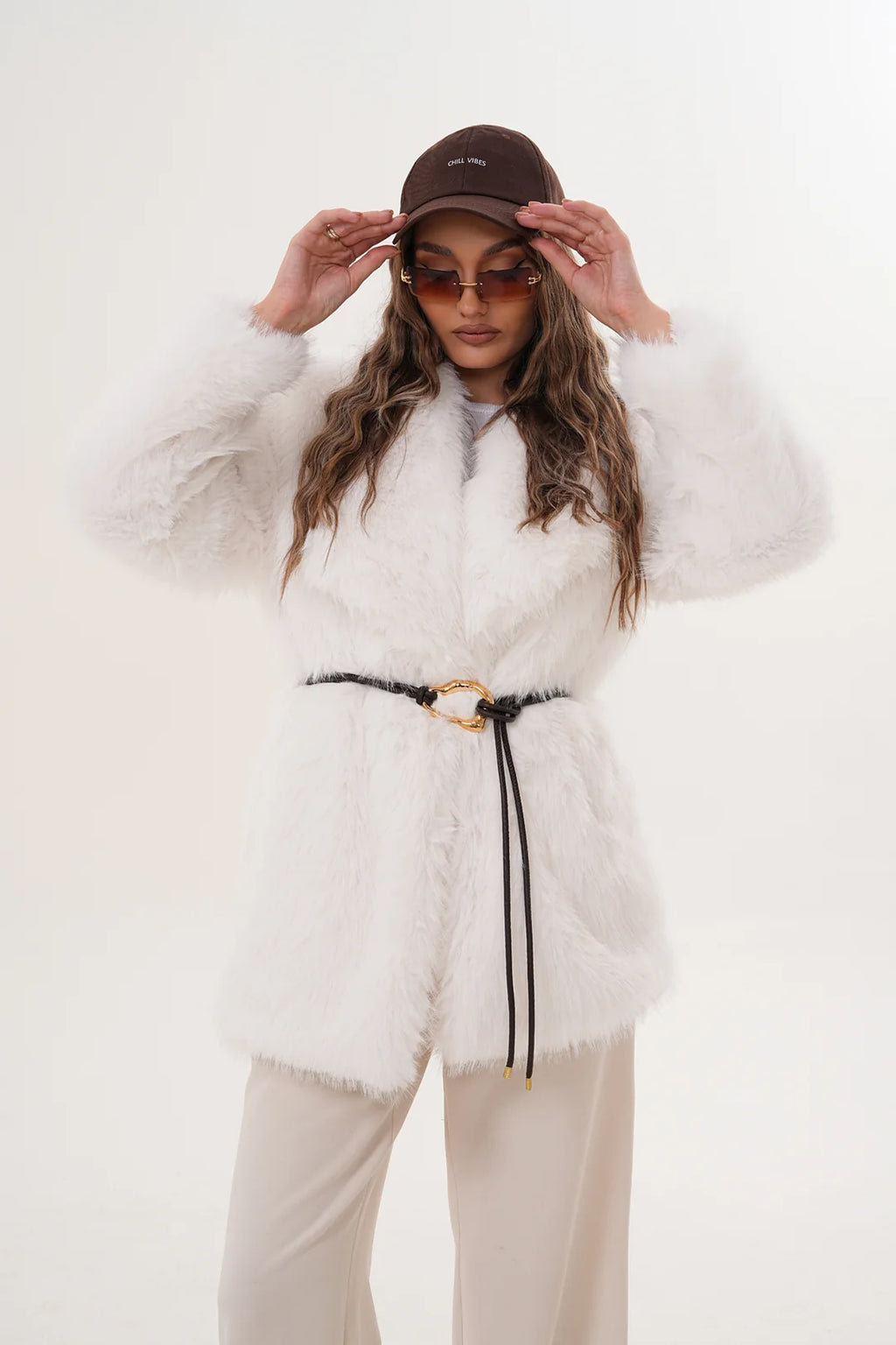 White Belted Wide Collar Midi Faux Fur Coat