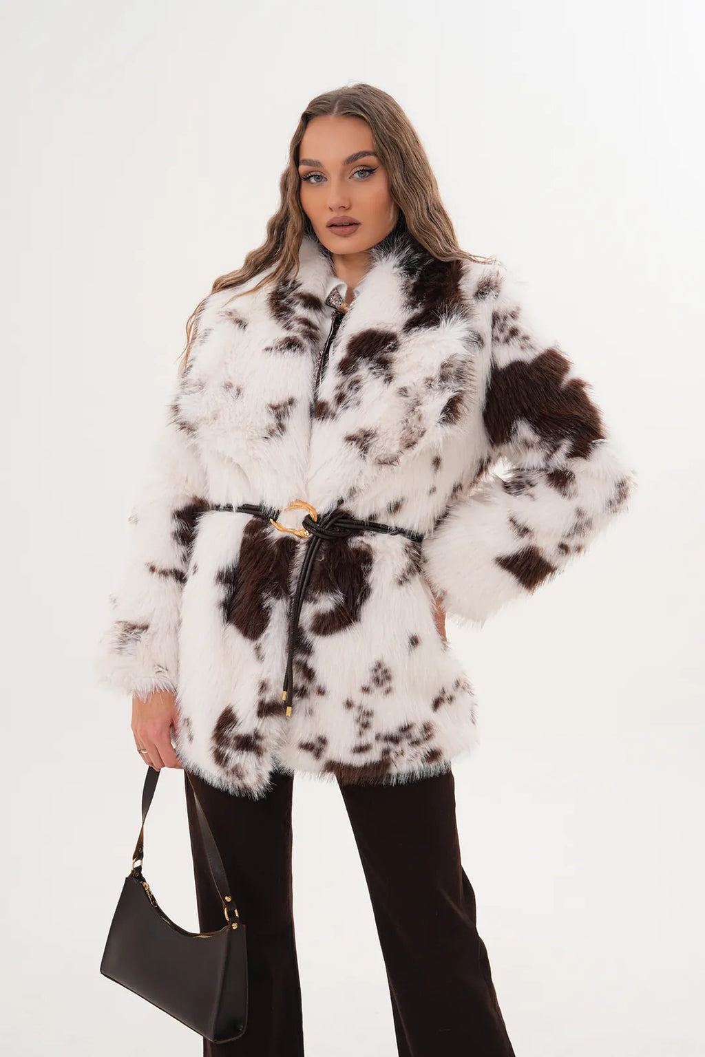 Belted Brown White Wide Collar Midi  Faux Fur Coat