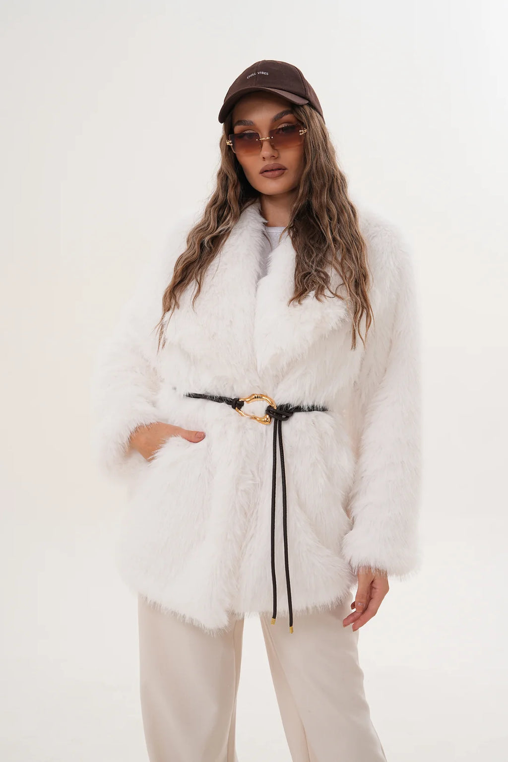 White Belted Wide Collar Midi Faux Fur Coat