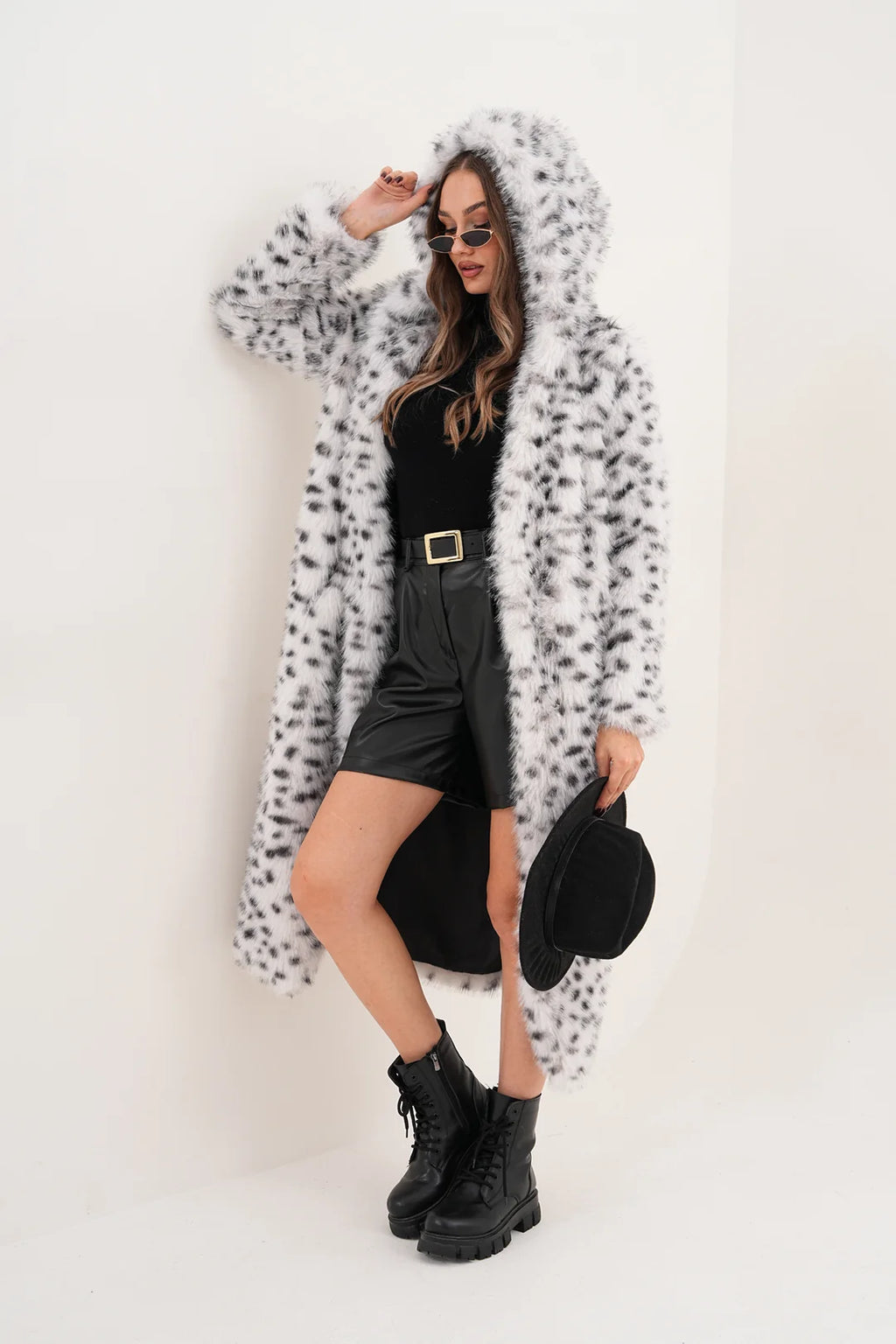 Hooded Faux Fur Coat – Off-White with Black Spots