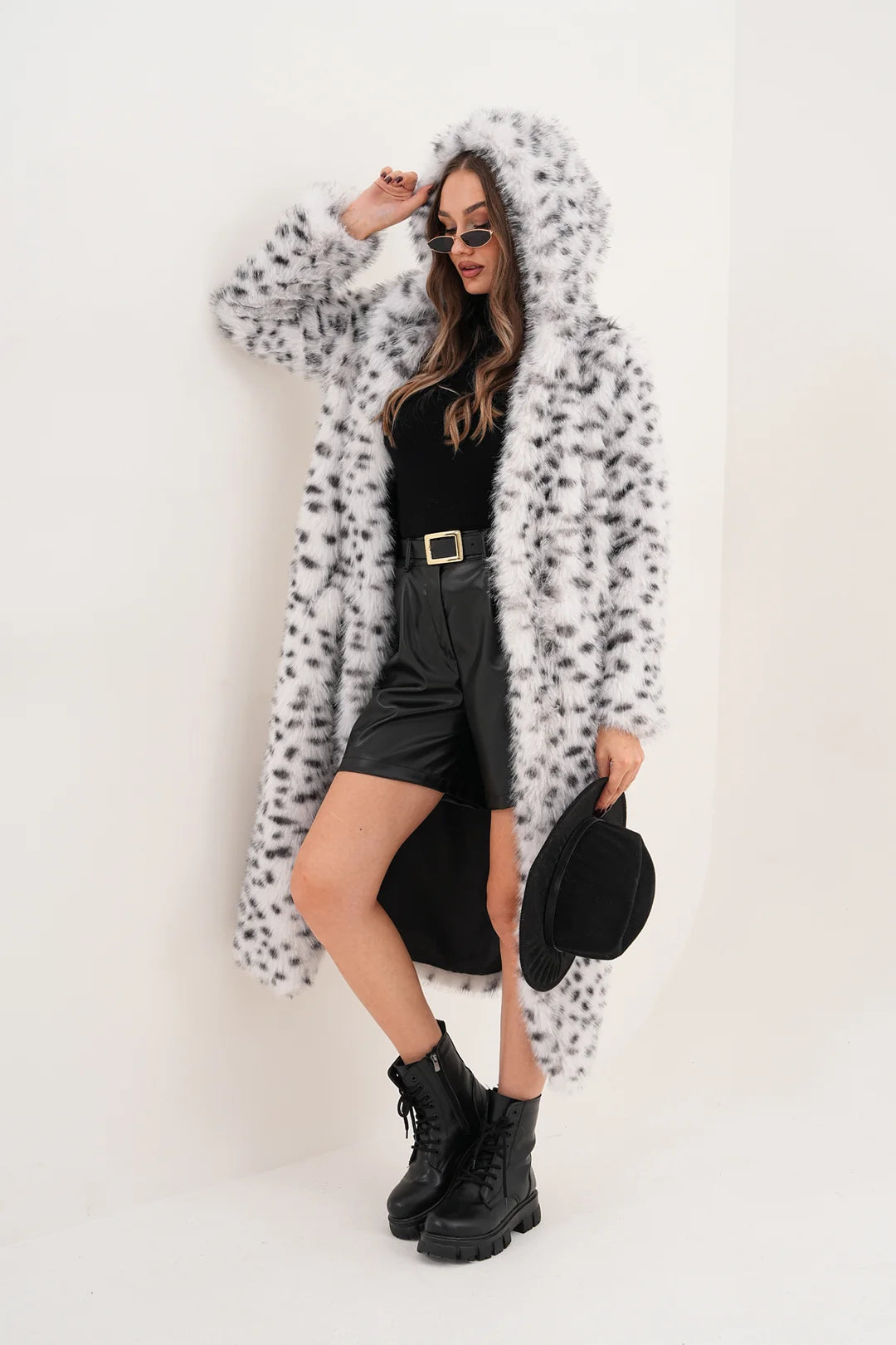 Hooded Faux Fur Coat – Off-White with Black Spots