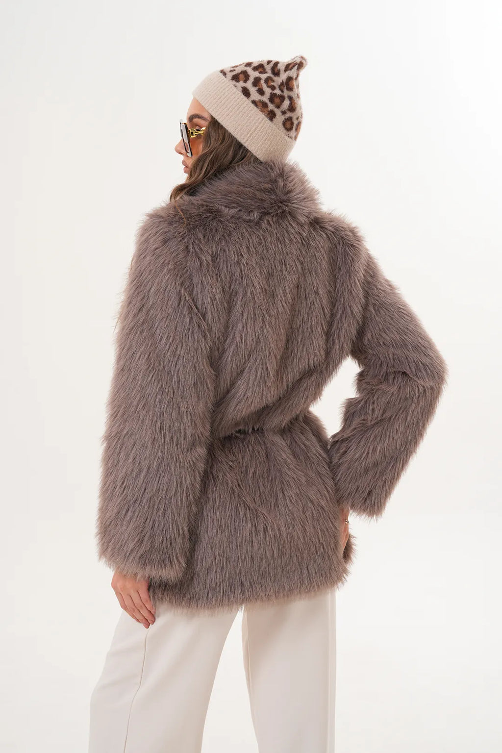 Beige Mink-Tone Belted Wide Collar Midi Faux Fur Coat