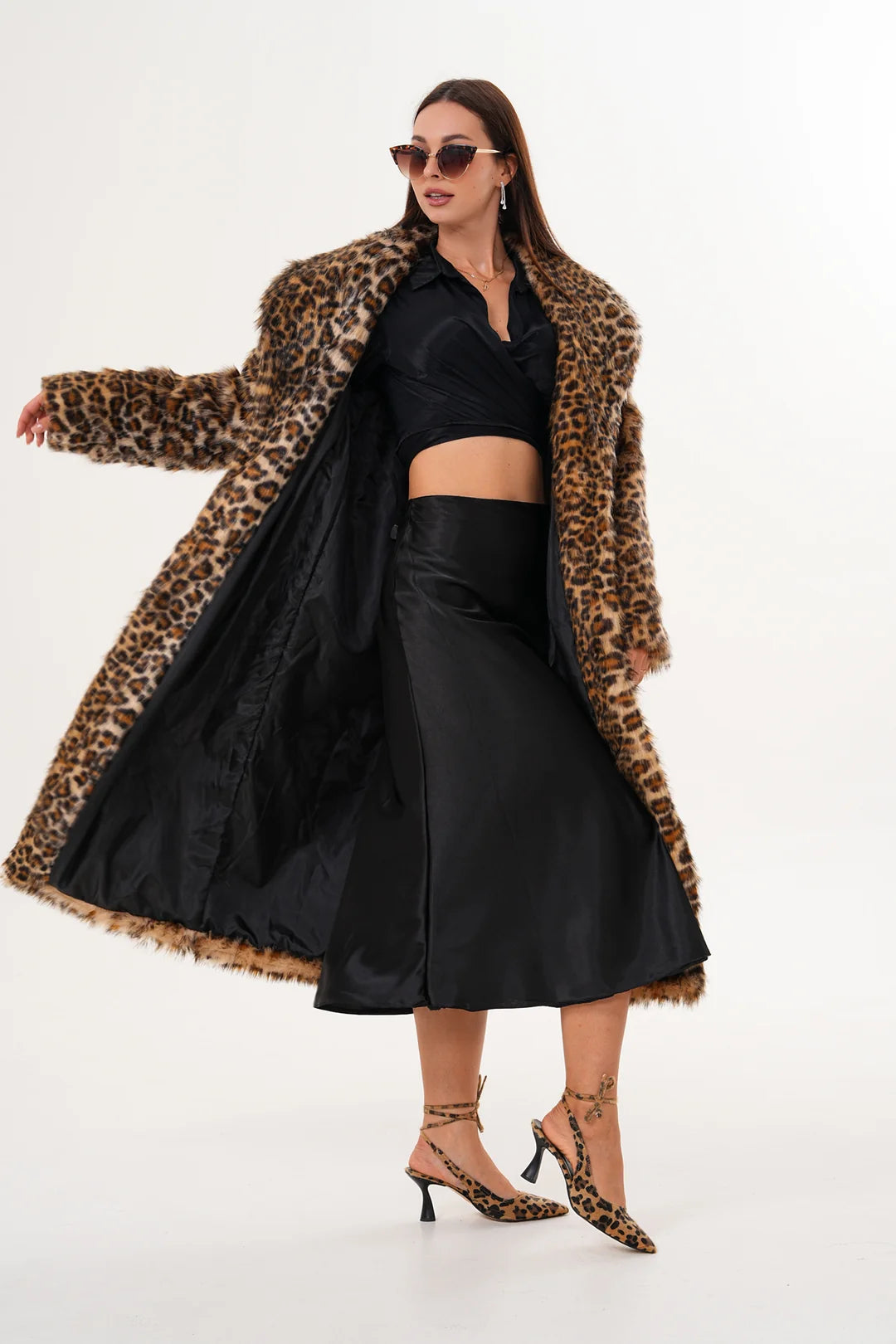 Full-Length Shawl Collar Leopard Faux Fur Coat