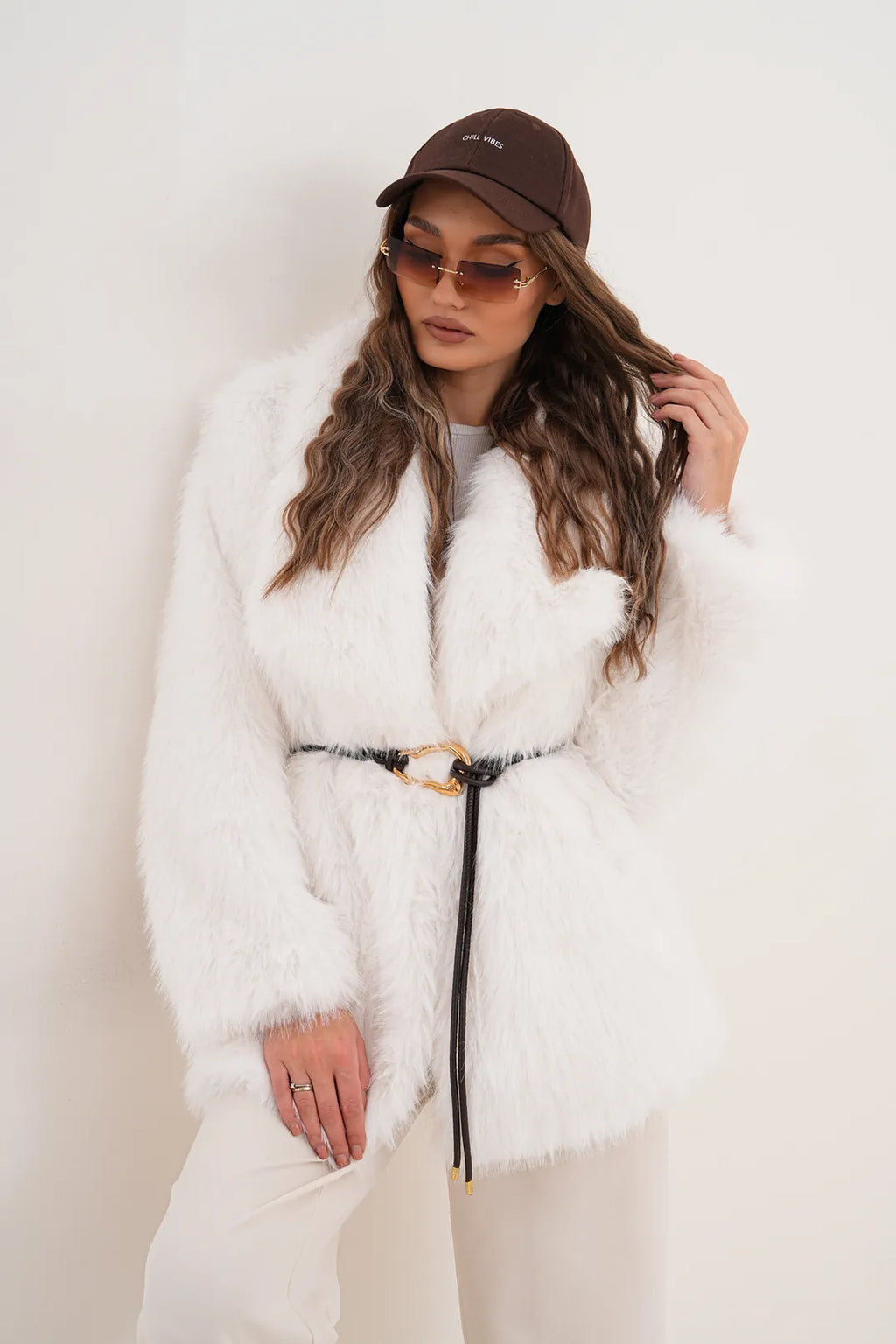 White Belted Wide Collar Midi Faux Fur Coat