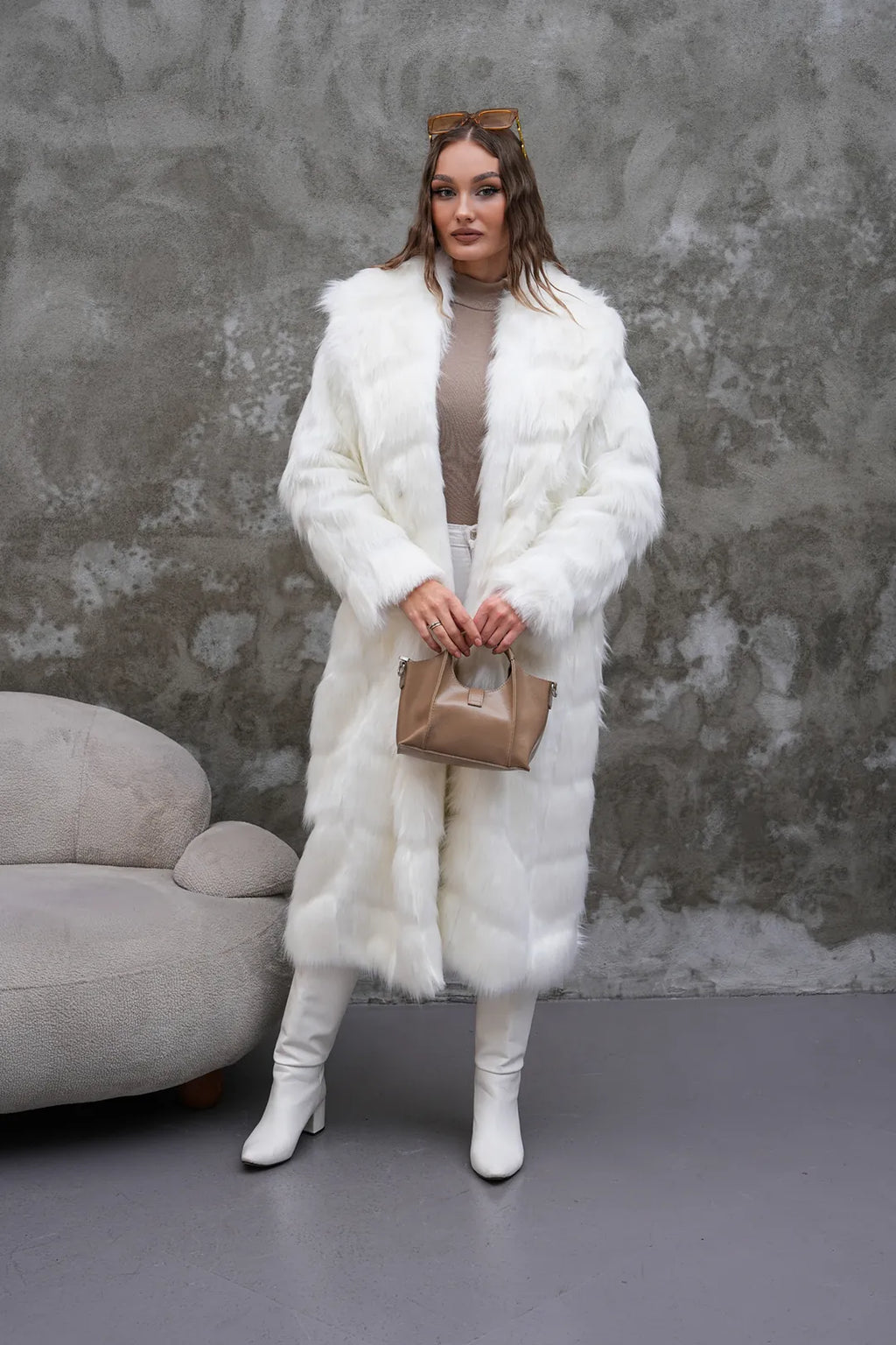 Carla Full-Length Long Hair Faux Fur Coat – White | Luxury Winter Statement Coat
