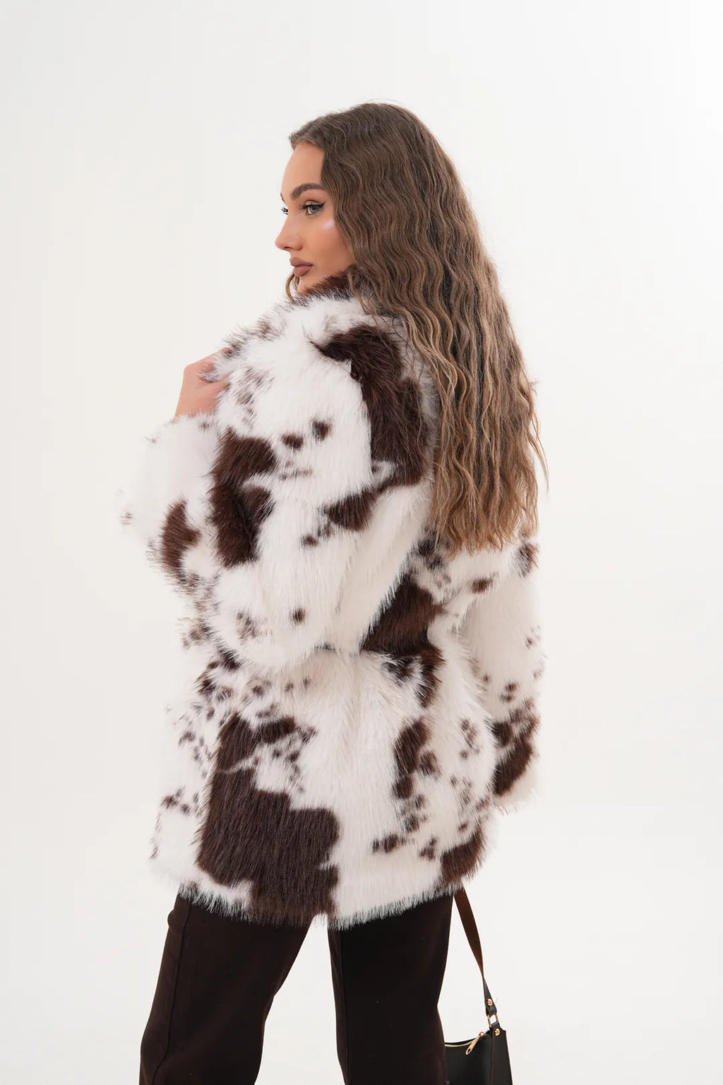 Belted Brown White Wide Collar Midi  Faux Fur Coat