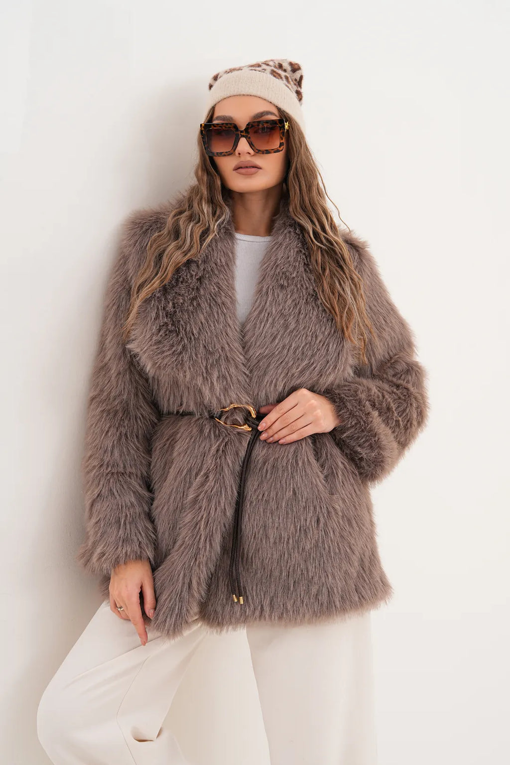 Beige Mink-Tone Belted Wide Collar Midi Faux Fur Coat