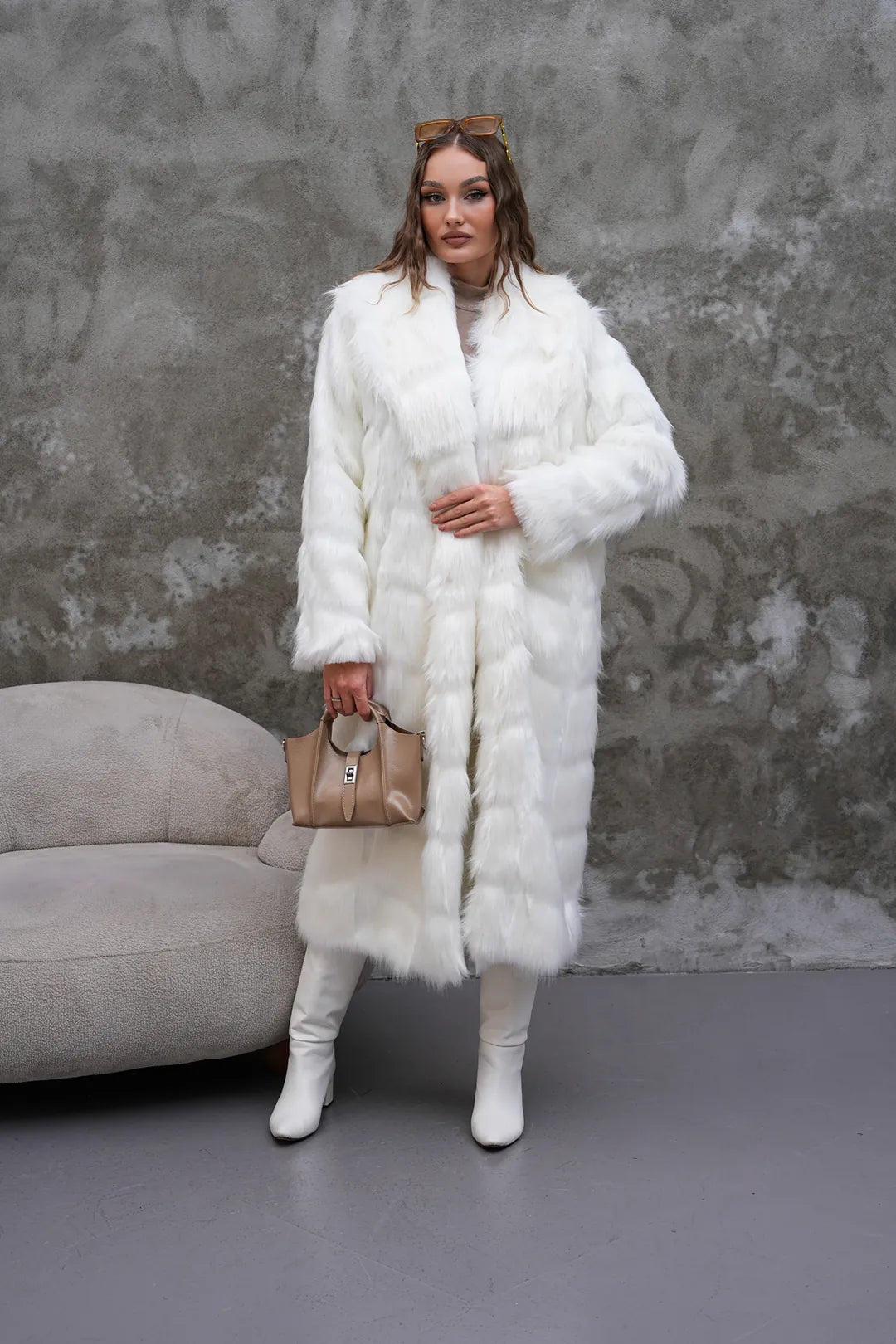 Carla Full-Length Long Hair Faux Fur Coat – White | Luxury Winter Statement Coat
