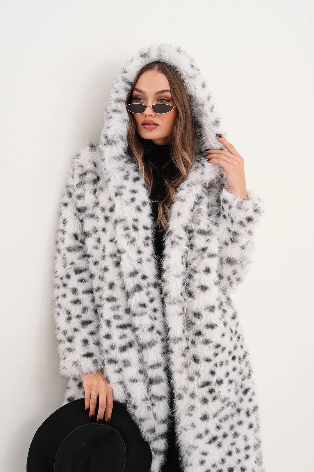 Hooded Faux Fur Coat – Off-White with Black Spots
