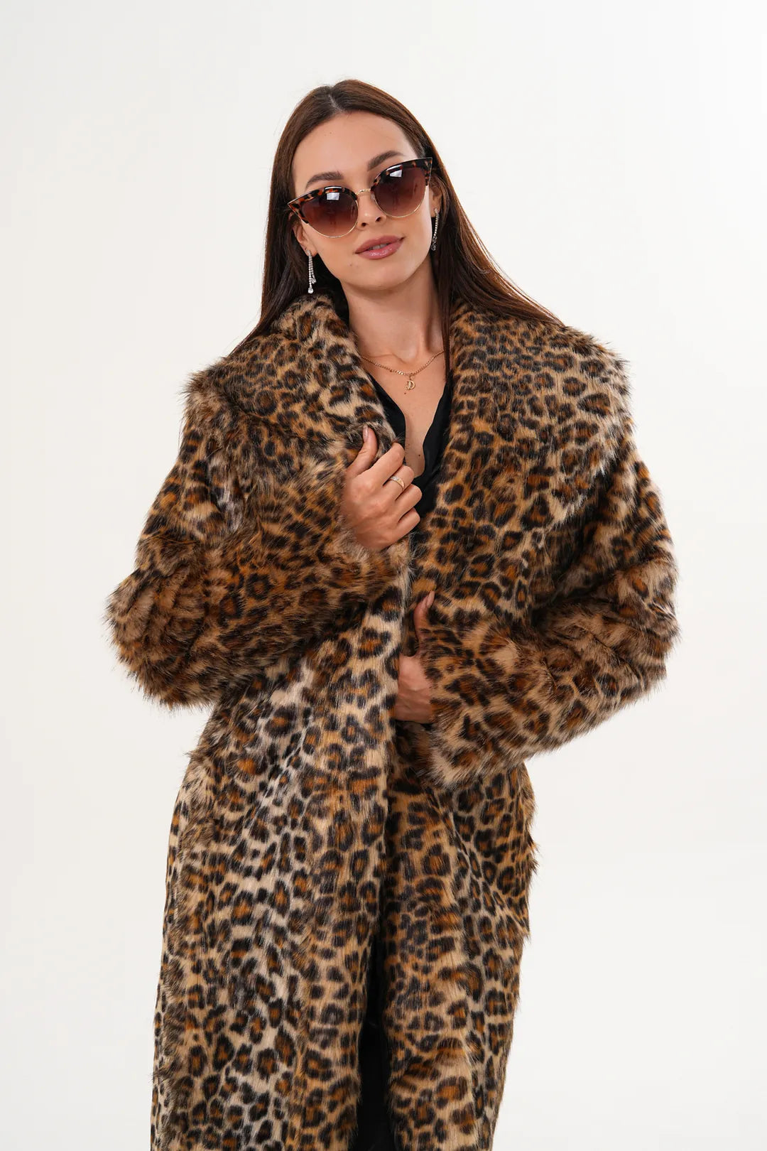 Full-Length Shawl Collar Leopard Faux Fur Coat