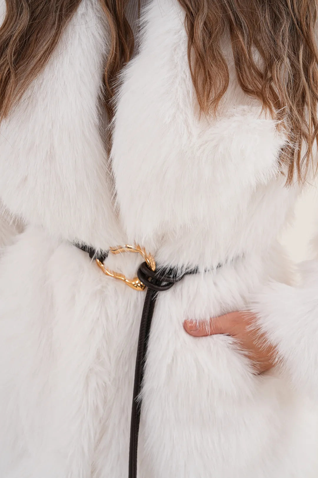 White Belted Wide Collar Midi Faux Fur Coat